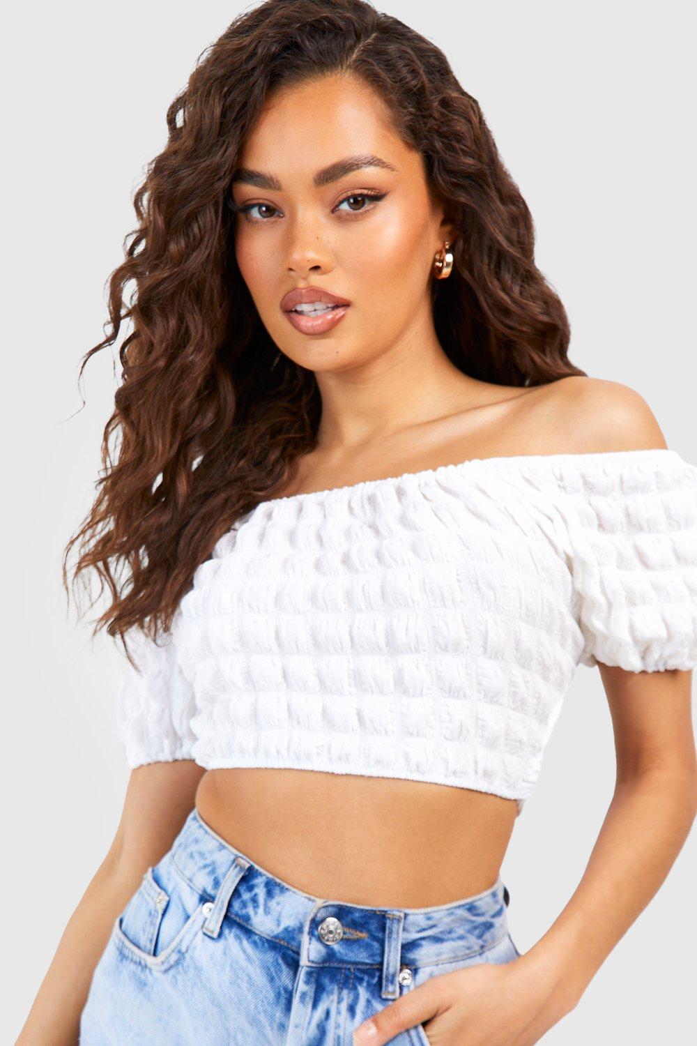 Boohoo Popcorn Crop Top Met Textuur, Pofmouwen En Open Schouders, White