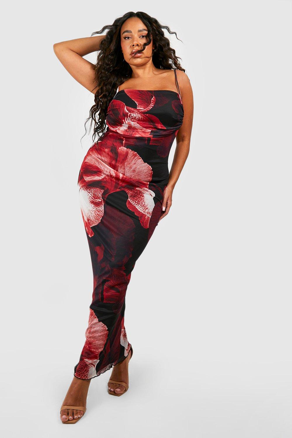 Image of Vestito maxi pull-on Plus Size in rete con stampa a fiori astratti, Rosso