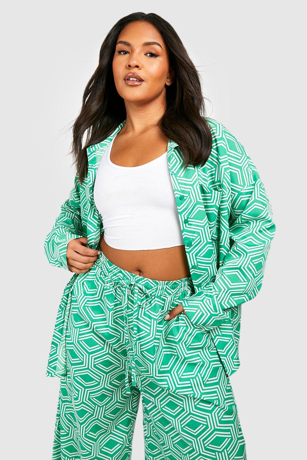 Image of Camicia Plus Size oversize con stampa di motivi geometrici, Verde