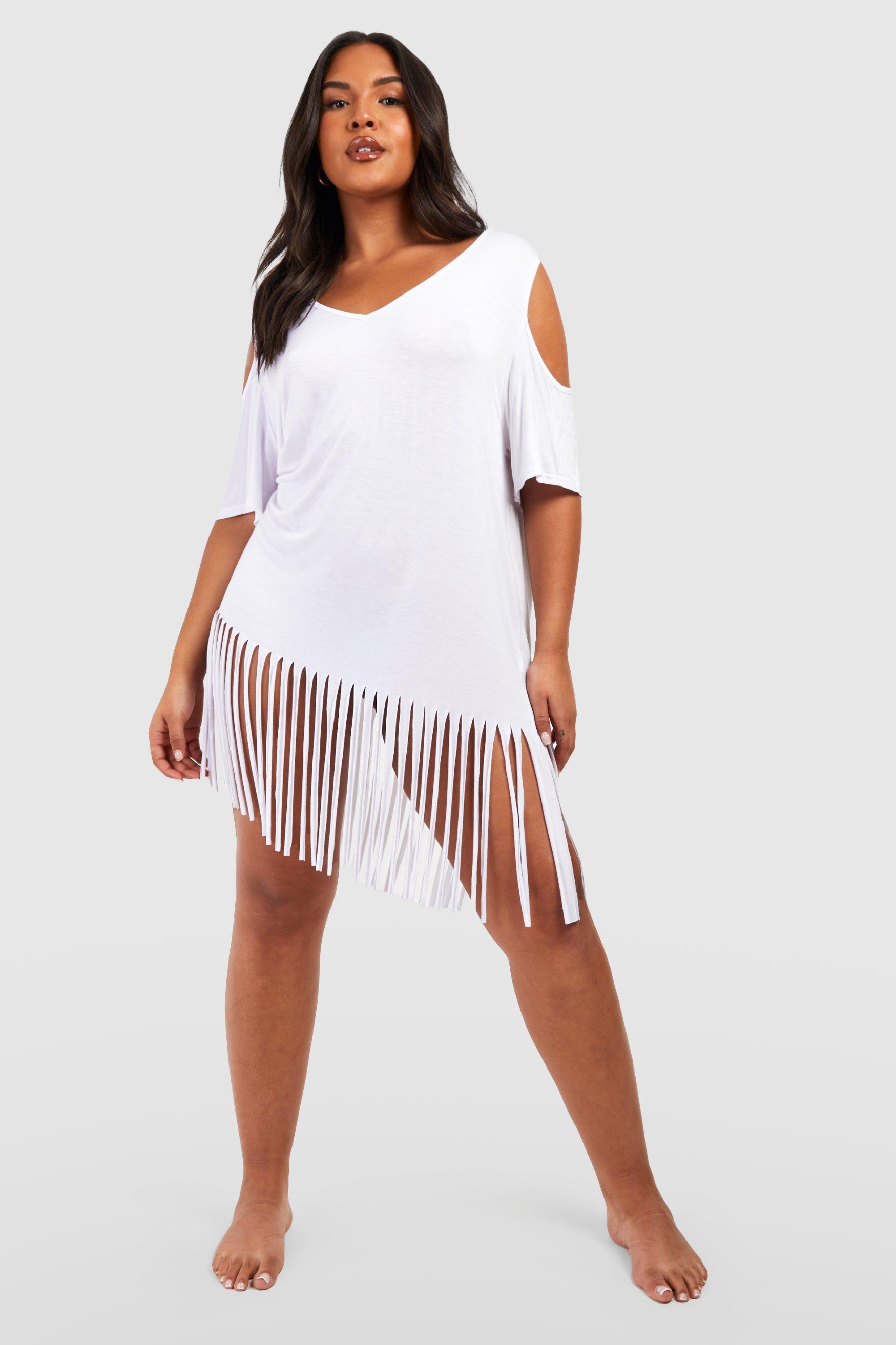 Boohoo Plus Strand Jurk Met Uitgesneden Schouders, Uitsnijding En Kwastjes, White