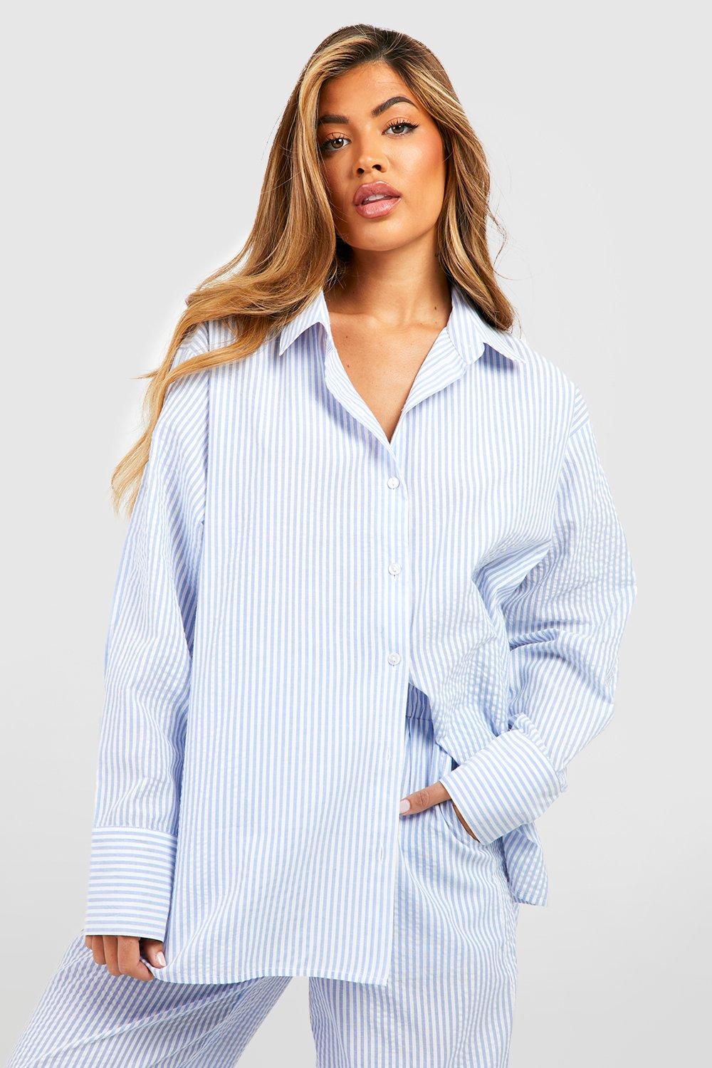 Image of Camicia pigiama oversize in cotone a righe verticali, Azzurro