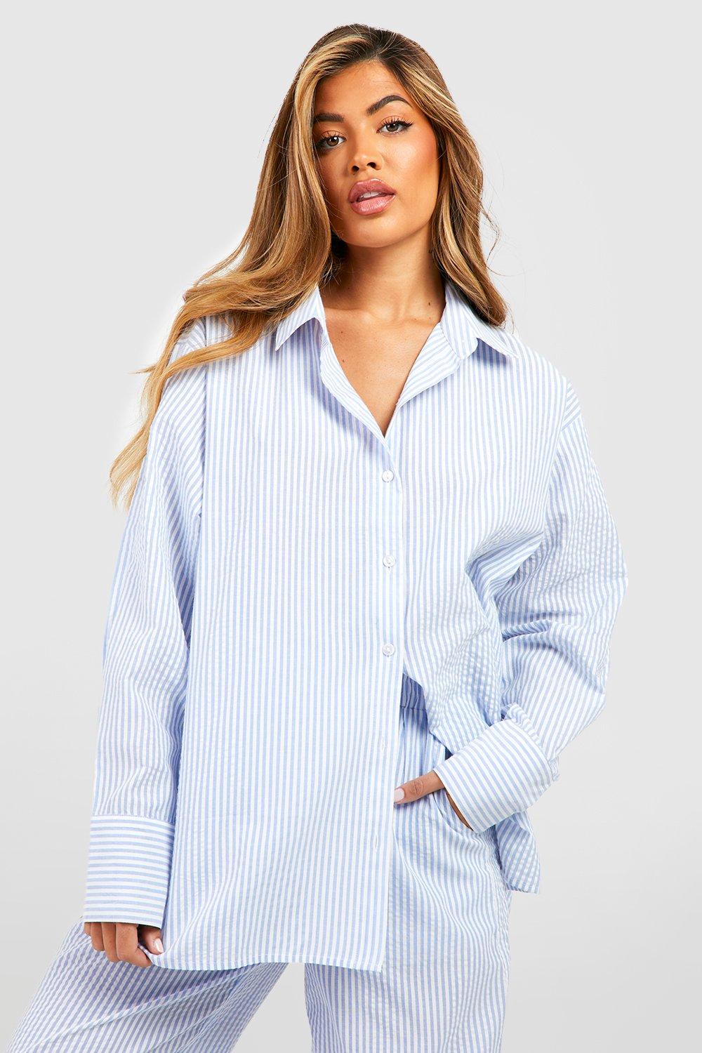 Womens Cotton Pinstripe Oversized Pyjama Shirt - Blue - 12, Blue