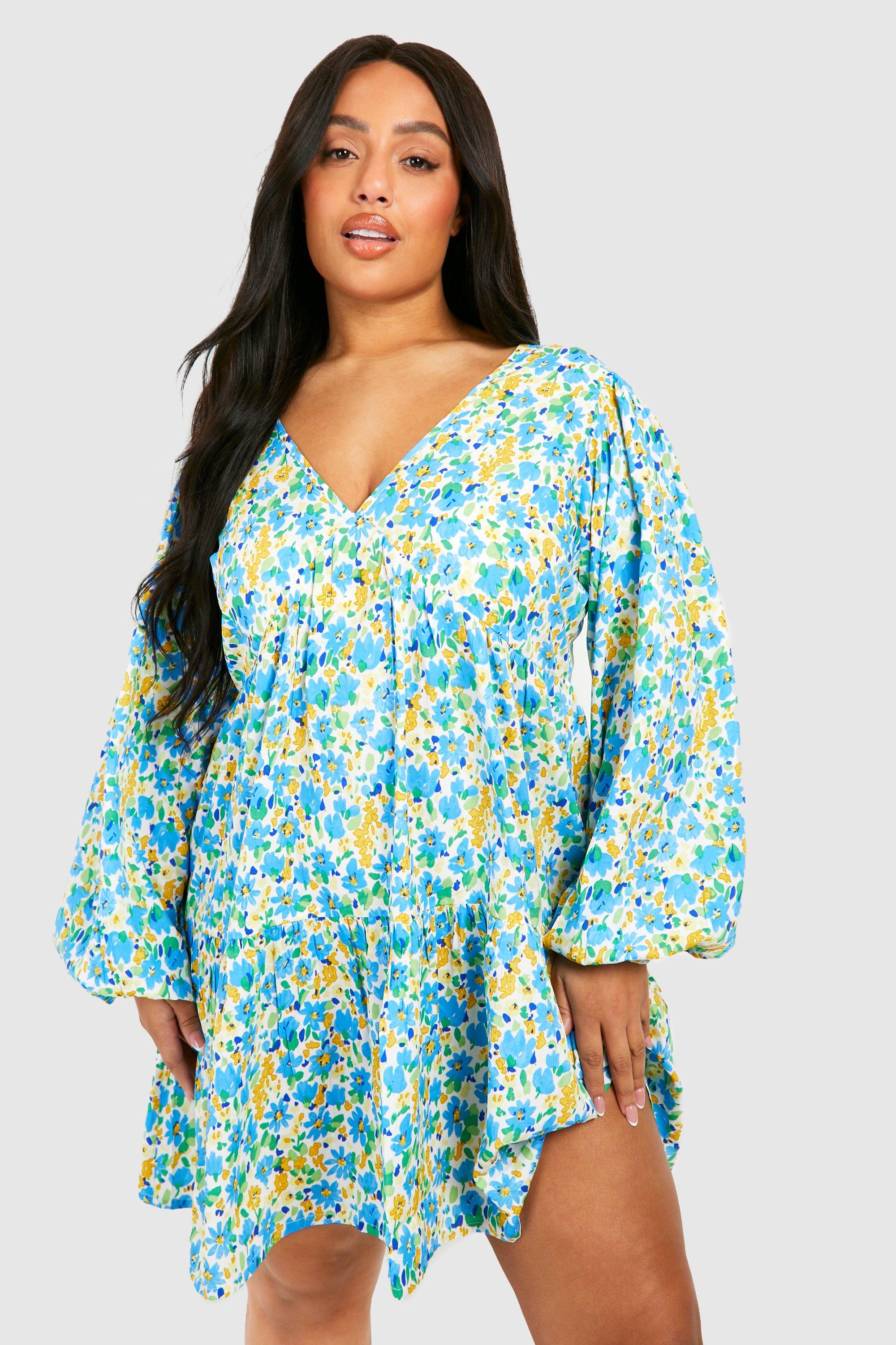 Womens Plus Floral Tiered Smock Dress - Blue - 22, Blue