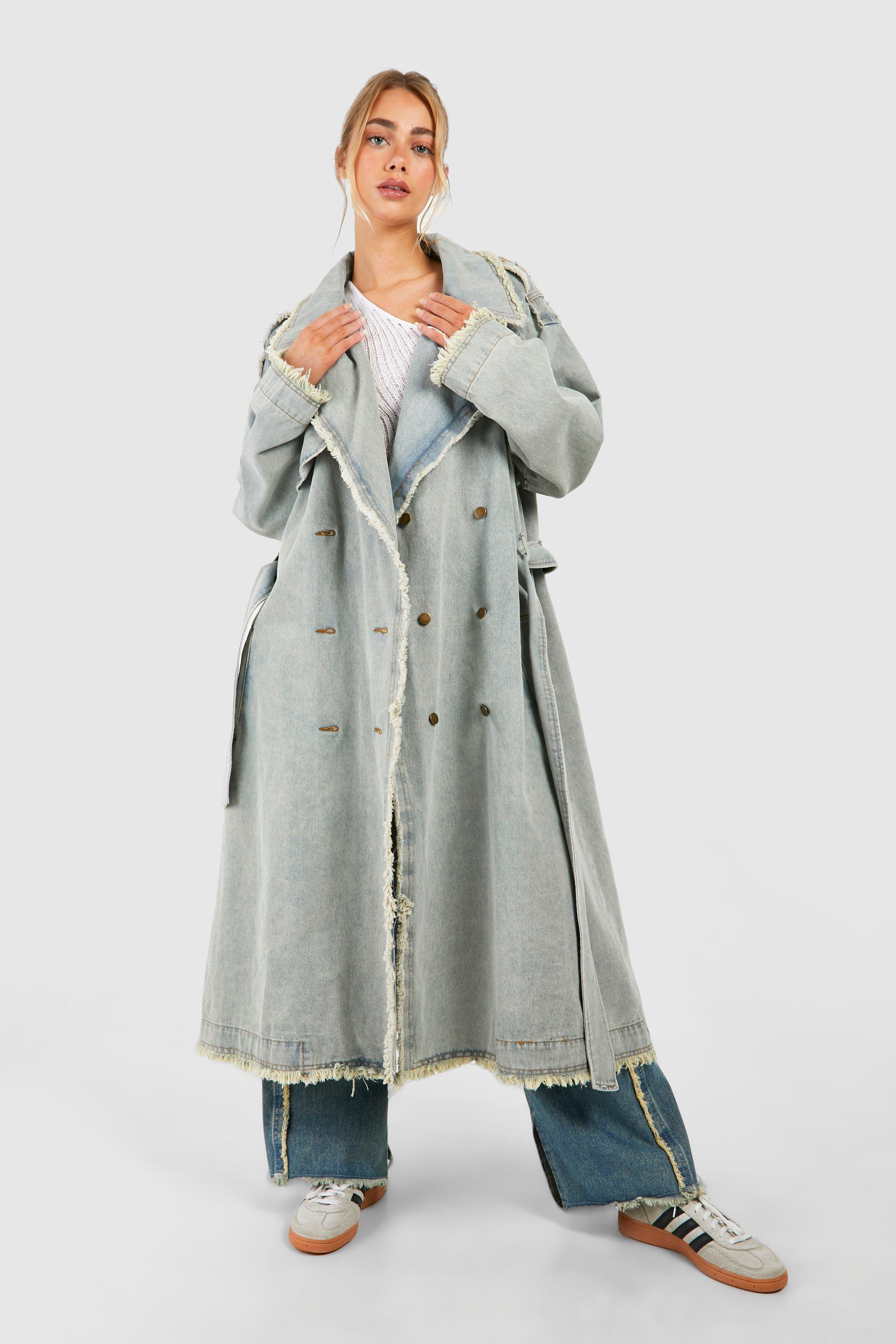 Womens Premium Fray Hem Denim Trench Coat - Blue - 14, Blue
