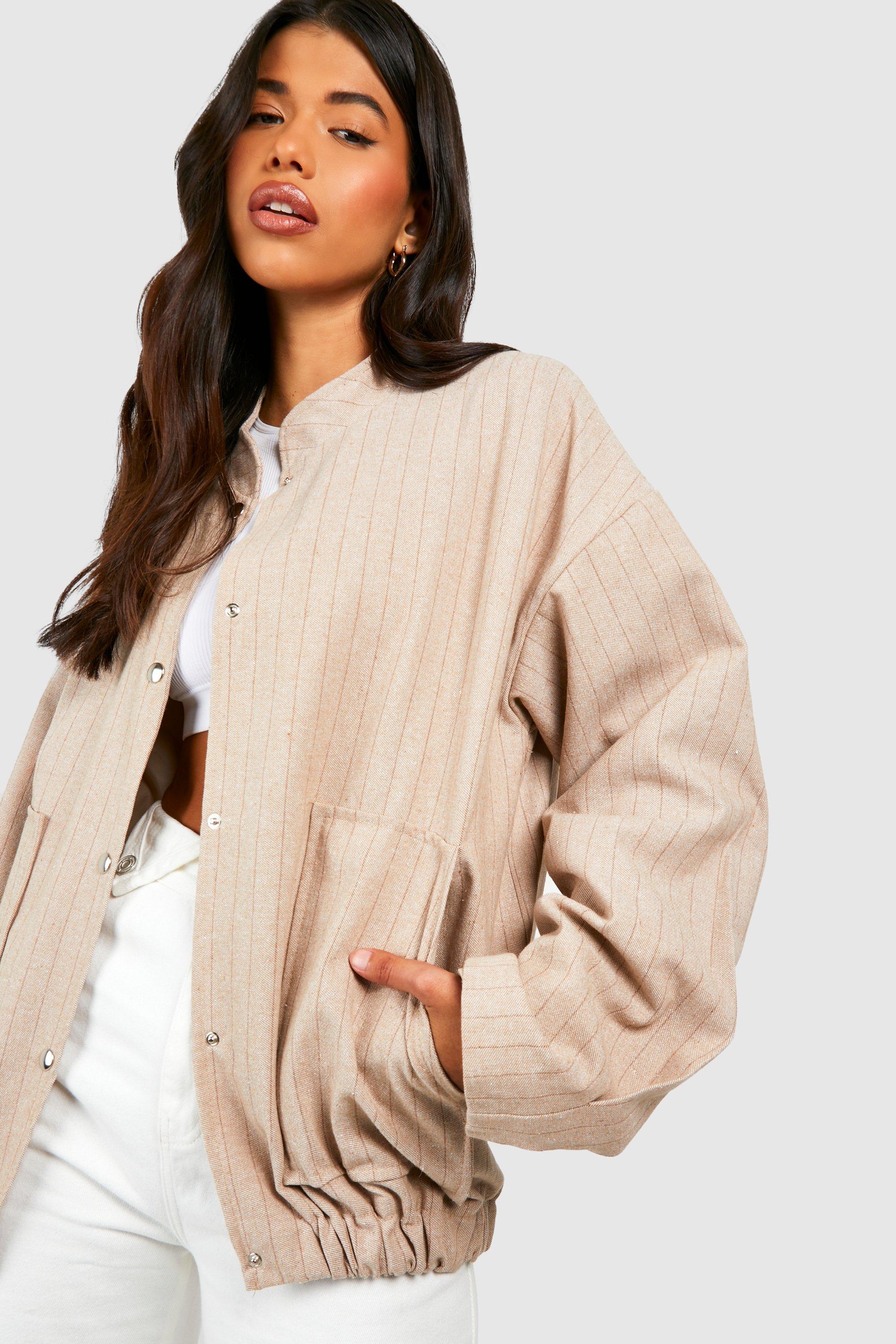 Womens Tall Pinstripe Oversized Bomber Jacket - Beige - 6, Beige