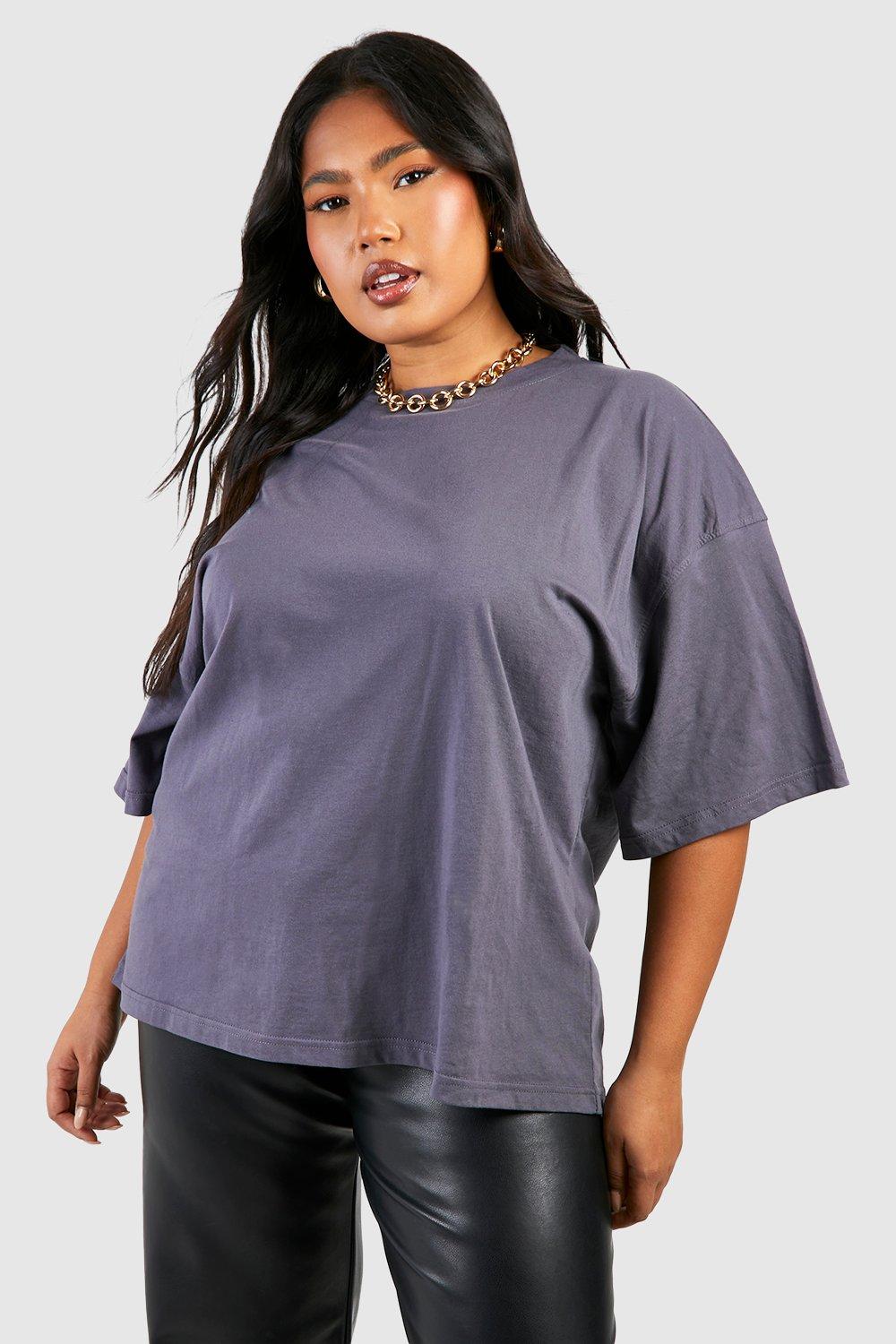 Image of T-shirt Plus Size oversize Basic a girocollo in cotone, Grigio