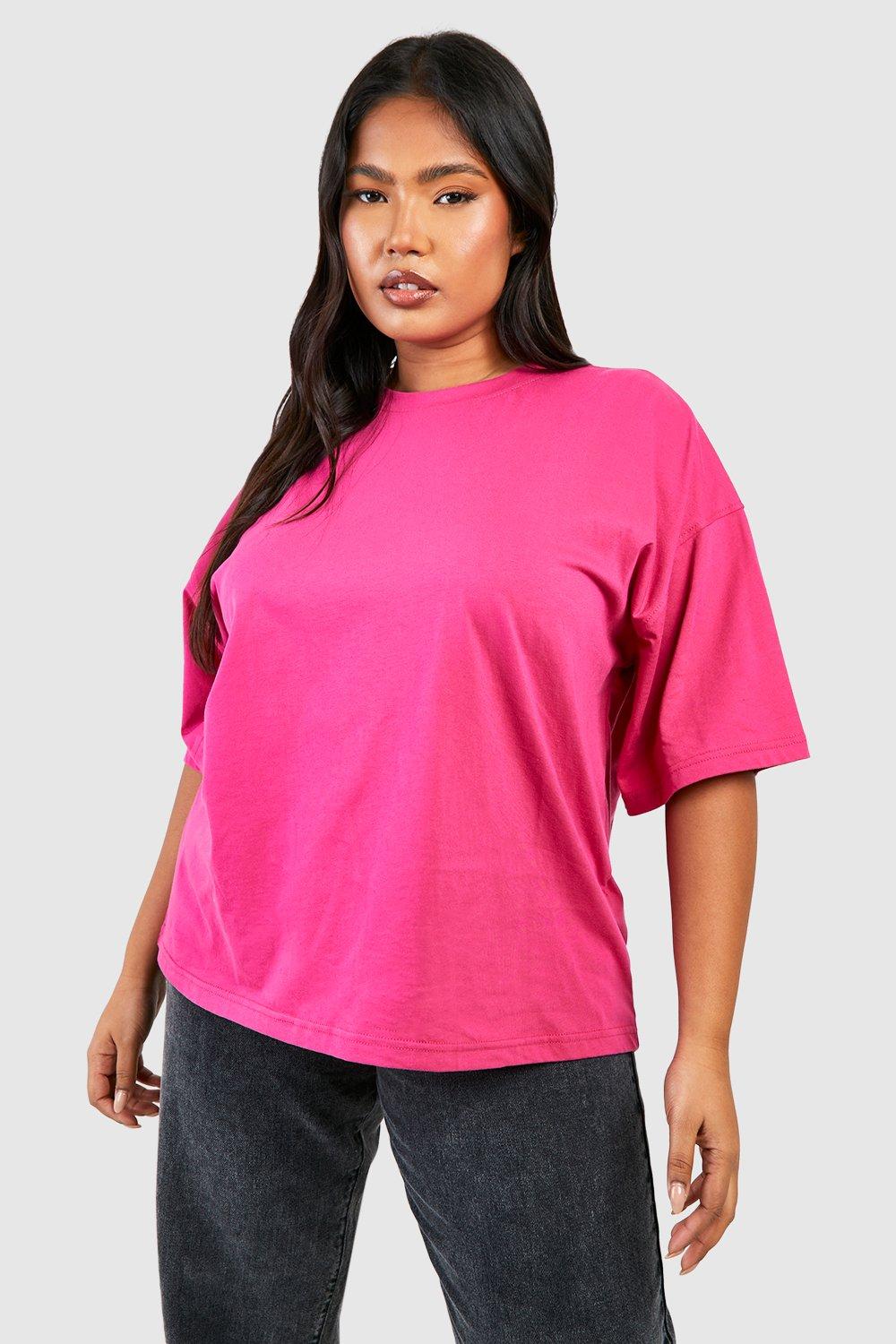 Image of T-shirt Plus Size oversize Basic a girocollo in cotone Brights, Pink