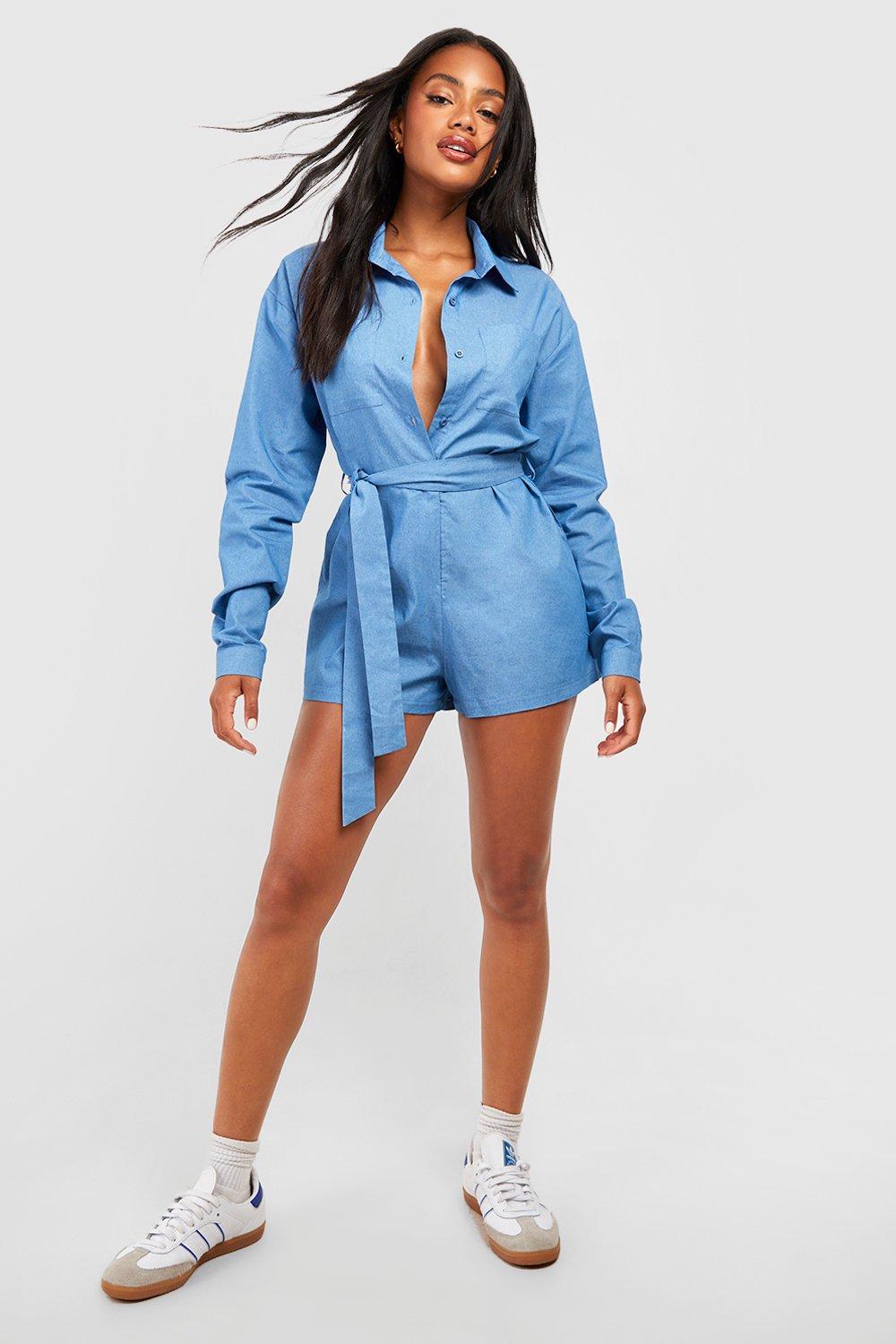 Womens Chambray Playsuit - Blue - 6, Blue
