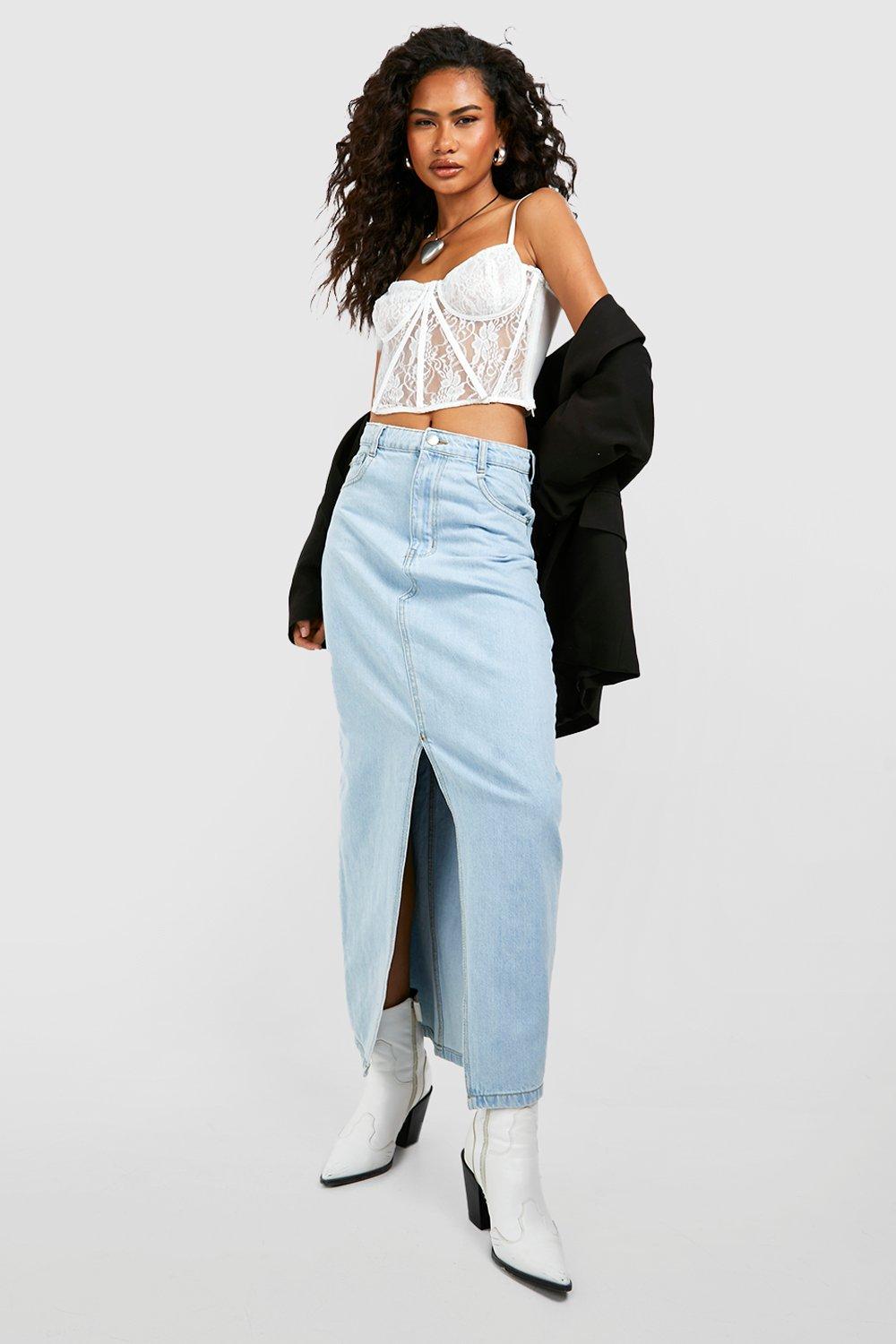 Boohoo Maxi Spijkerrok Met Split, Mid Blue