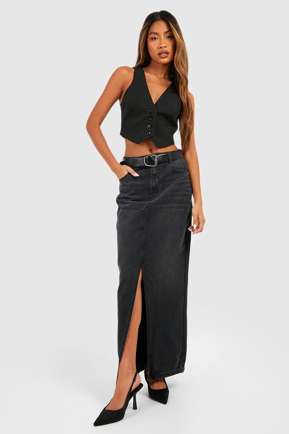 Boohoo Maxi Spijkerrok Met Split, Black