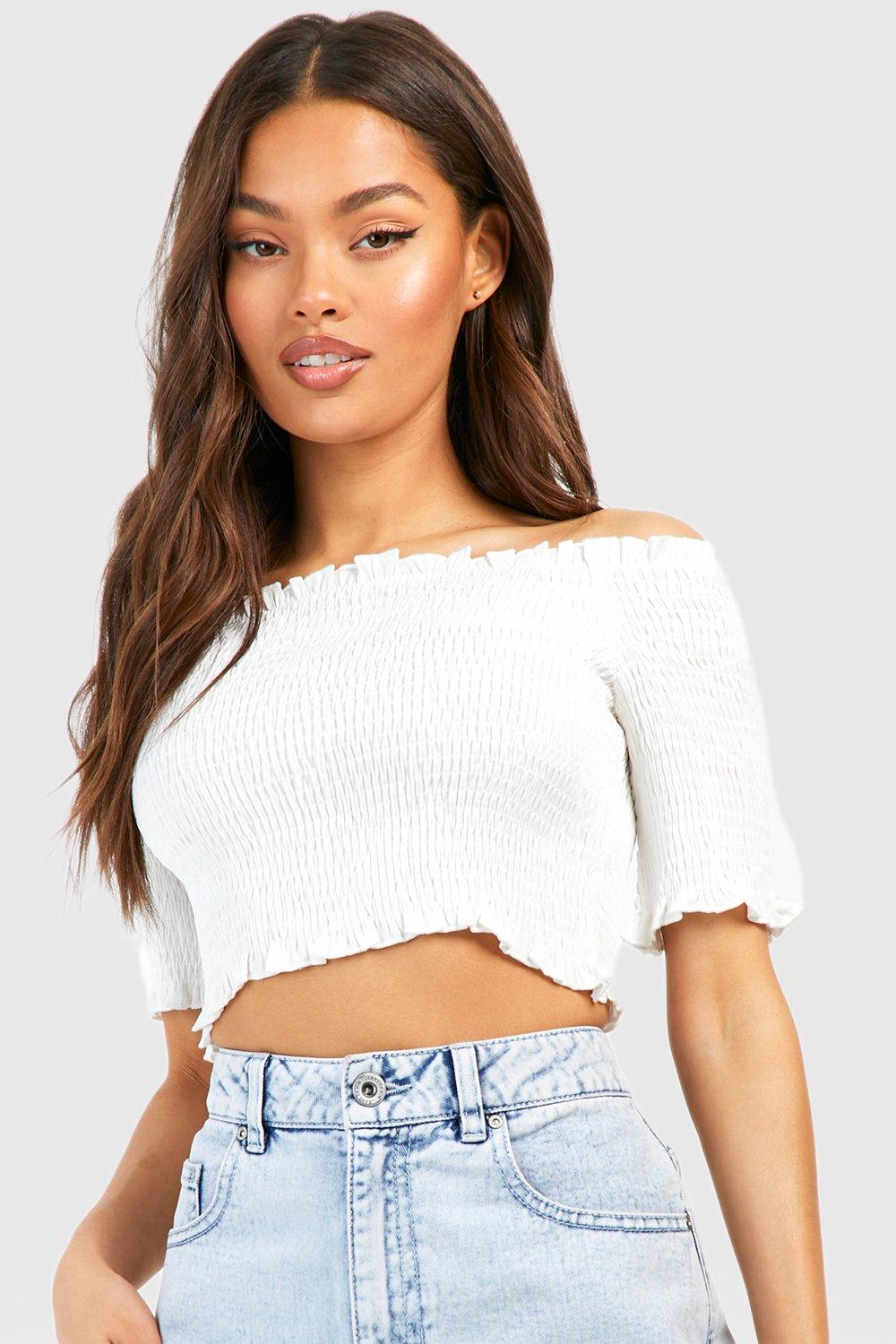 Boohoo Geplooide Chambray Top Met Uitgesneden Hals, White