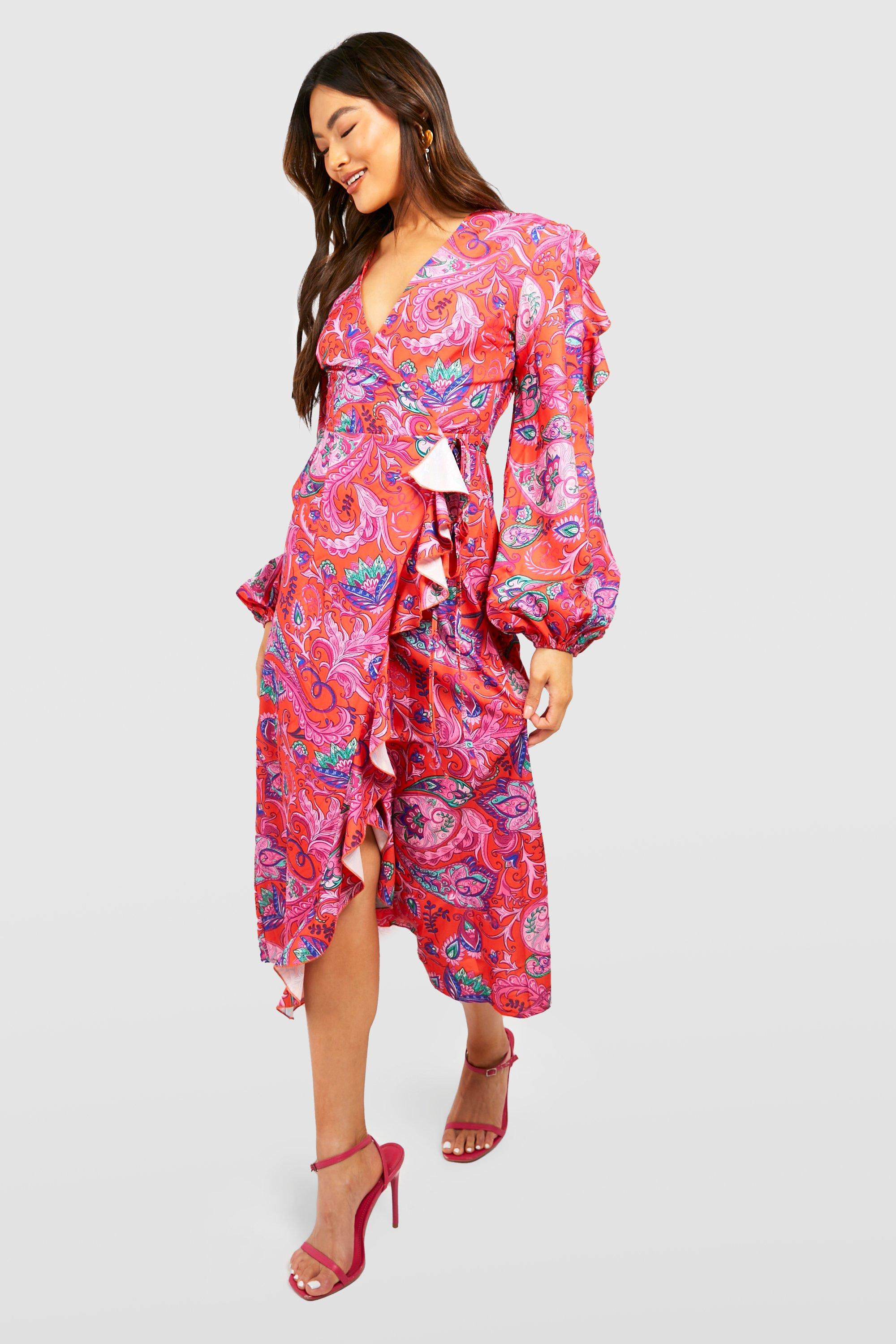 Boohoo Paisley Midaxi Wikkel Jurk Met Ruches, Red