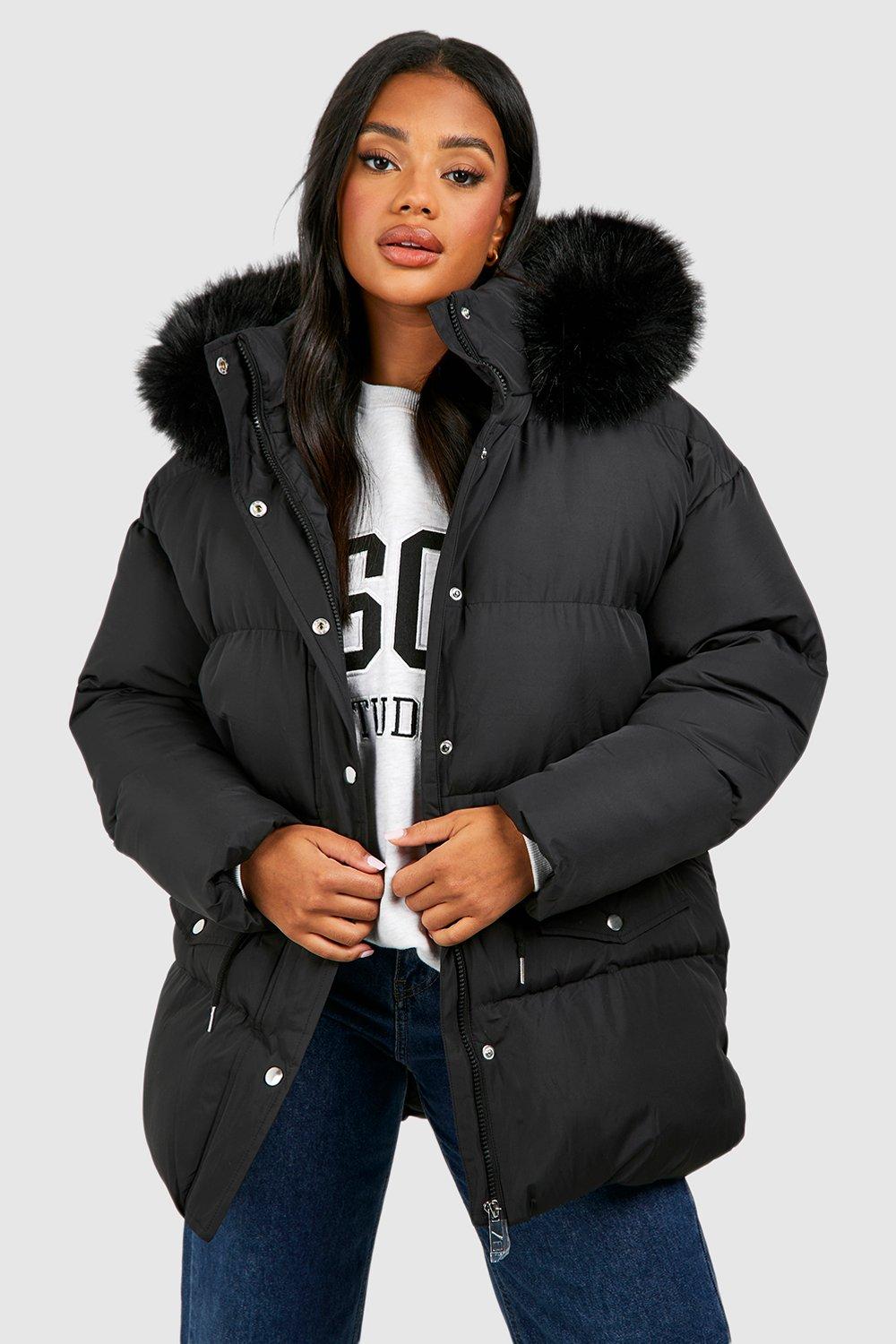 Boohoo Parka Jas Met Faux Fur Zoom, Black