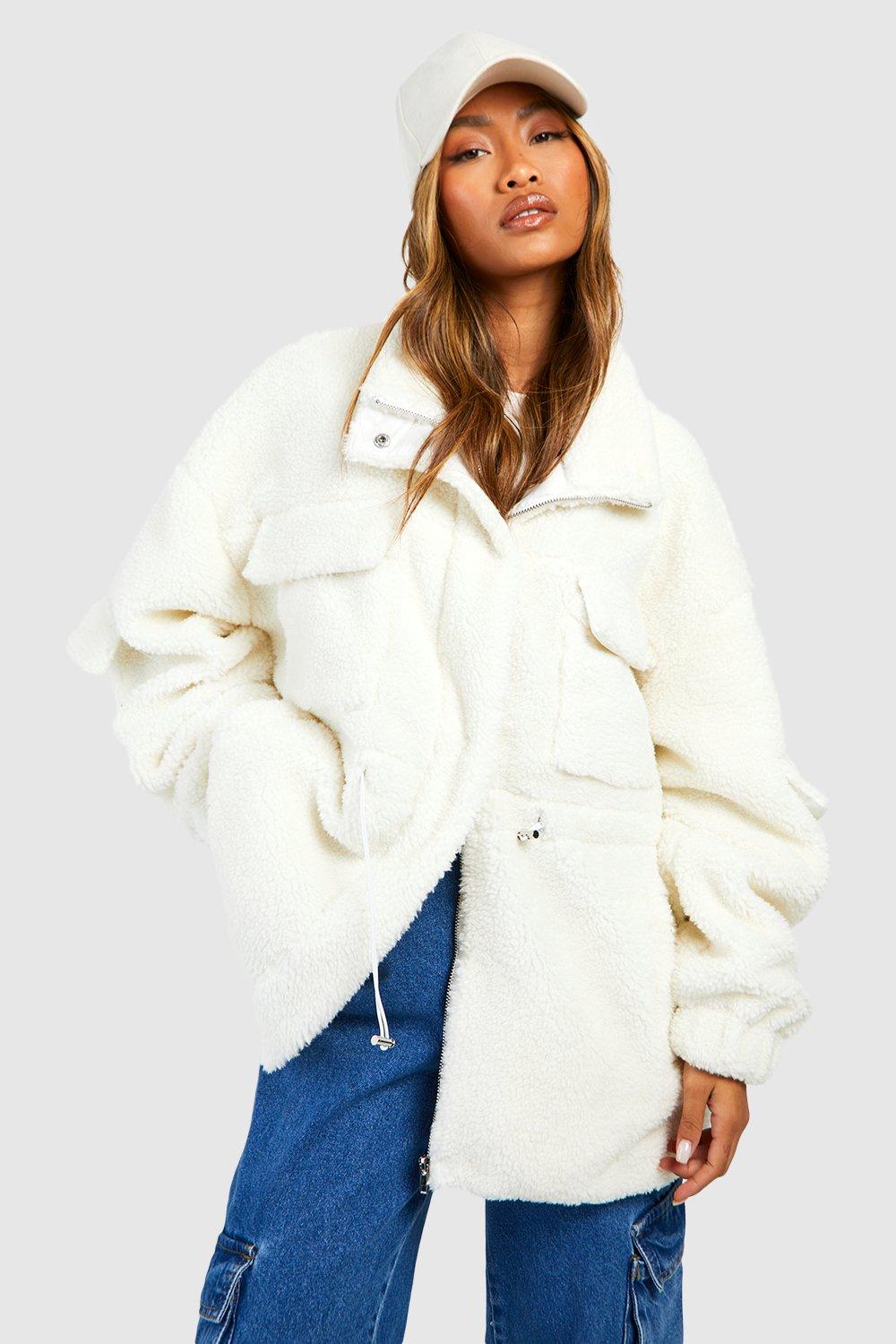 womens teddy faux fur utility jacket - white - 10, white