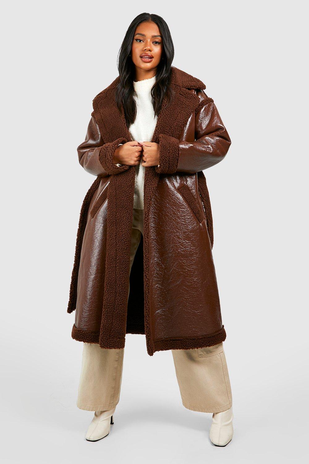 Boohoo Vinylen Jas Met Teddy Zoom En Ceintuur, Chocolate