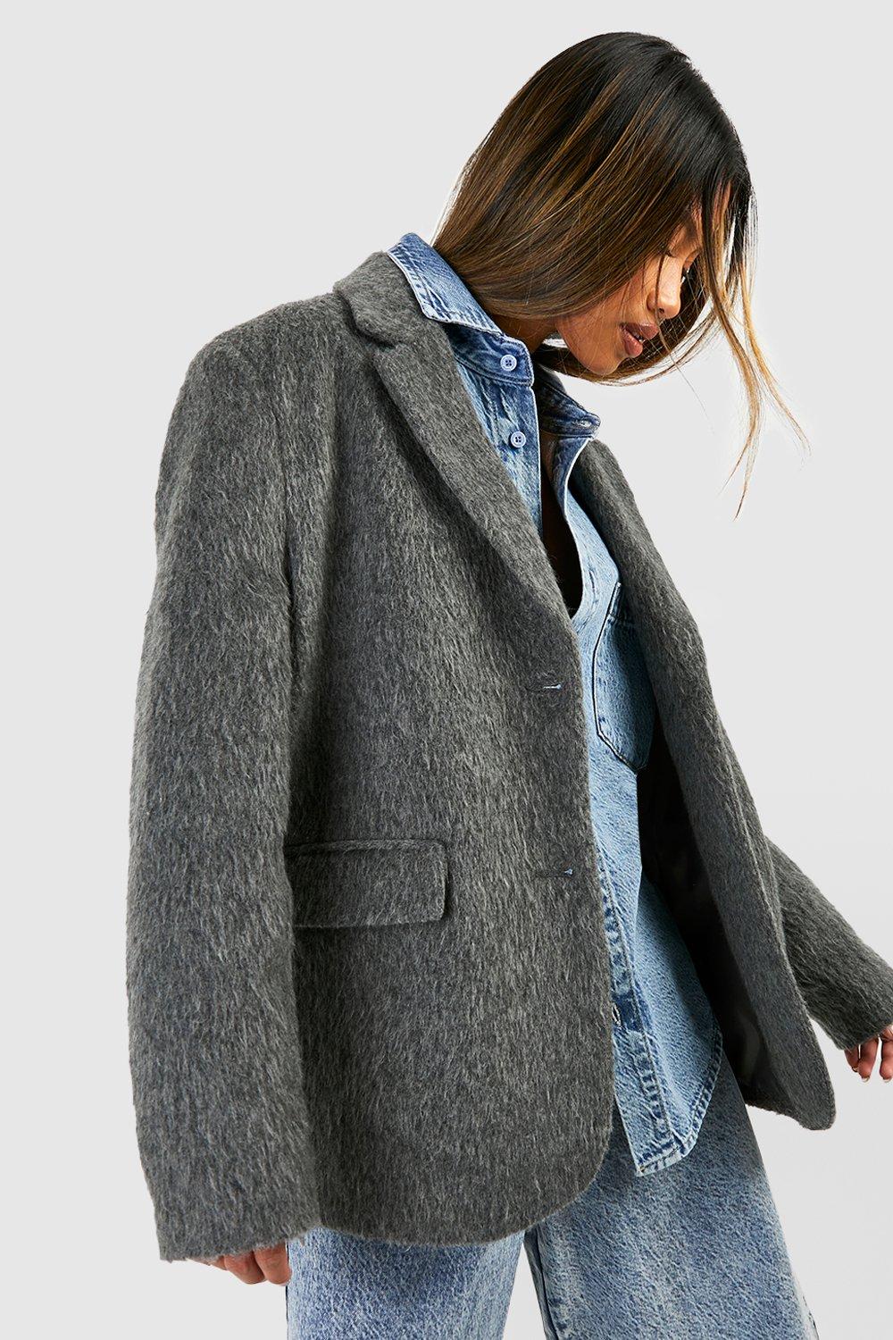Image of Blazer oversize in lana con trama in rilievo, Grigio