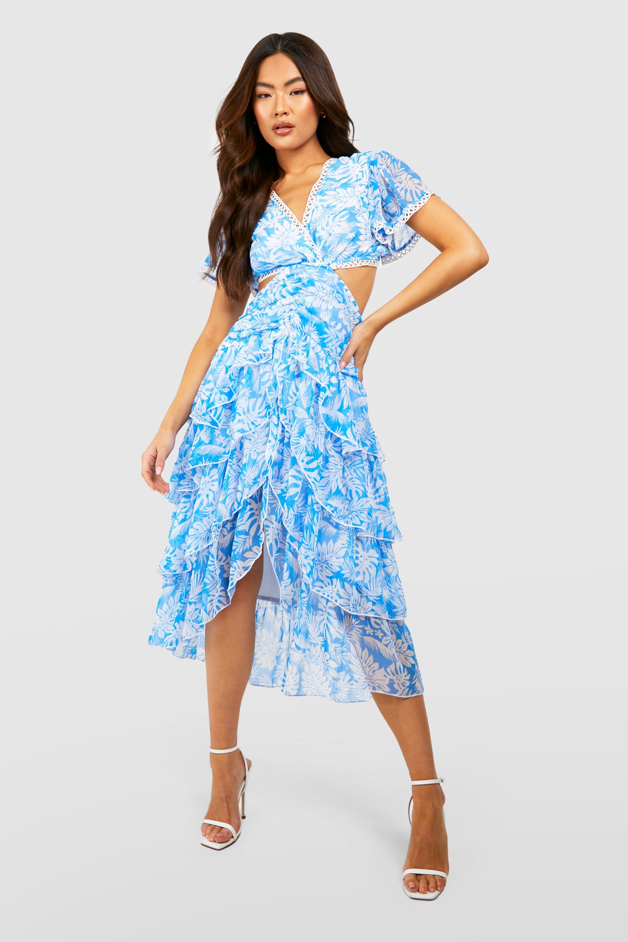 Boohoo Palm Print Midi Jurk Met Uitsnijding En Ruches, Blue
