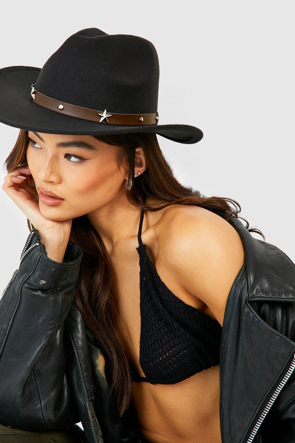 Womens Black Star Studded Trim Western Cowboy Hat - One Size, Black