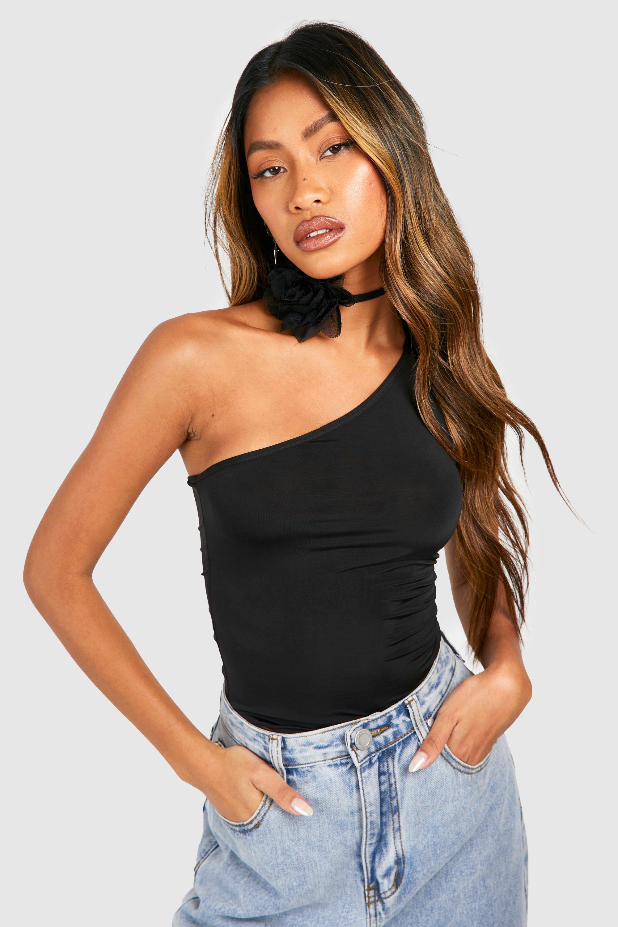 Boohoo Strakke Top Met Eén Blote Schouder En Corsage Hals Set Met Strik, Black