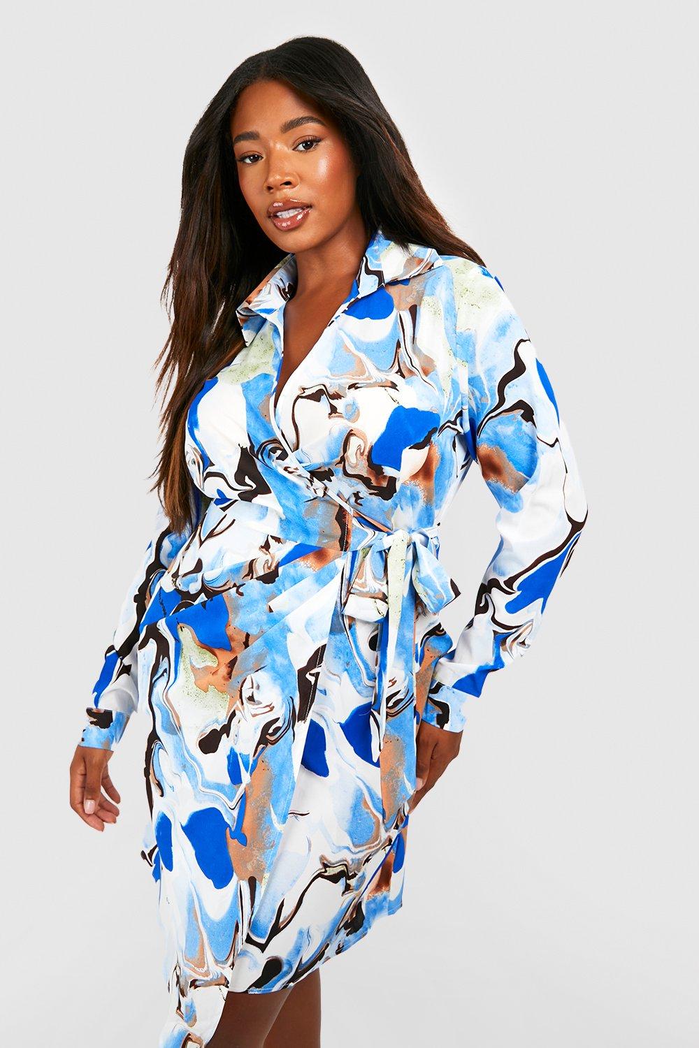 Image of Vestito camicia Plus Size con stampa marmorizzata, Azzurro