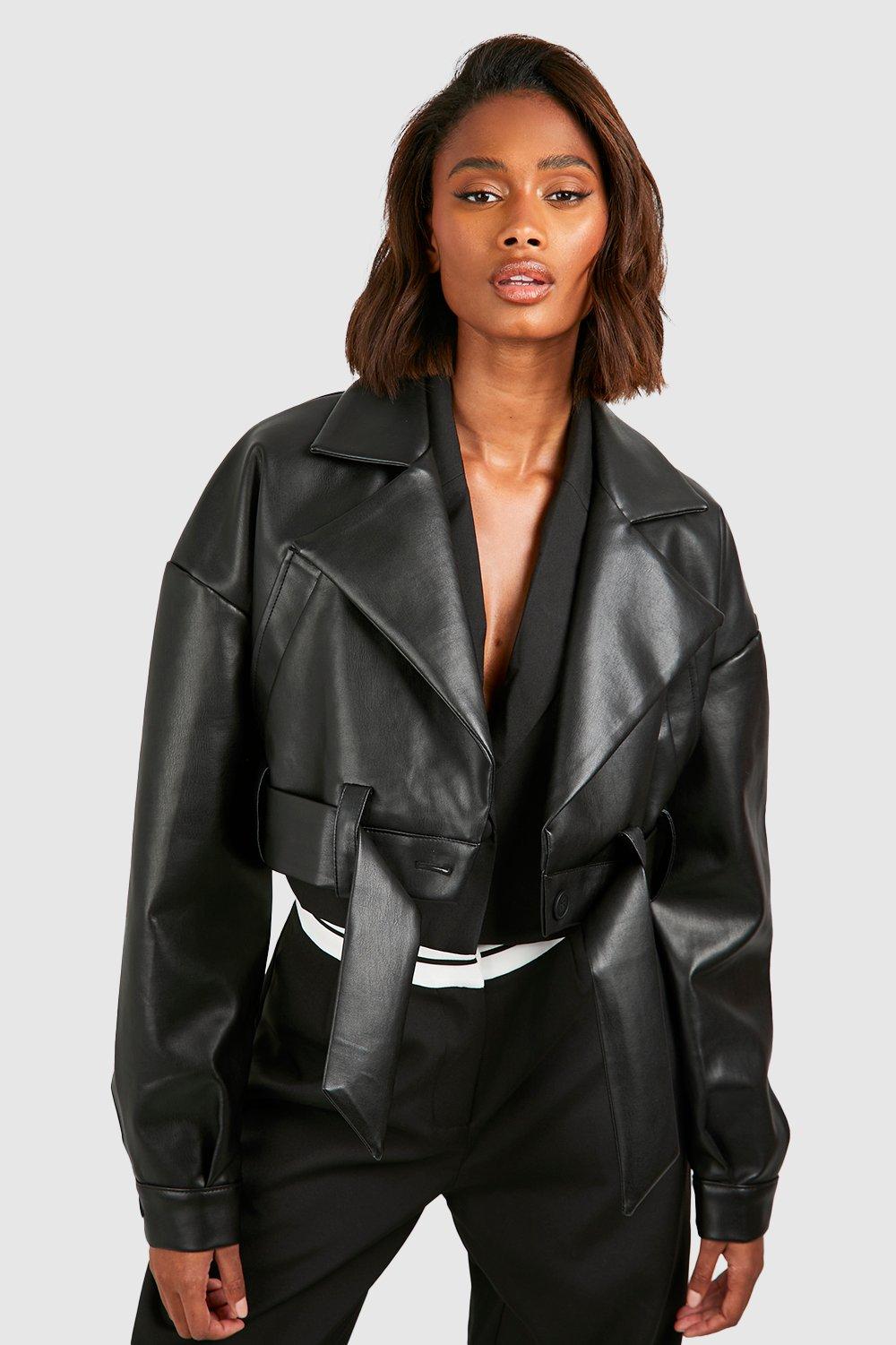 womens belted super crop biker jacket - black - 8, black