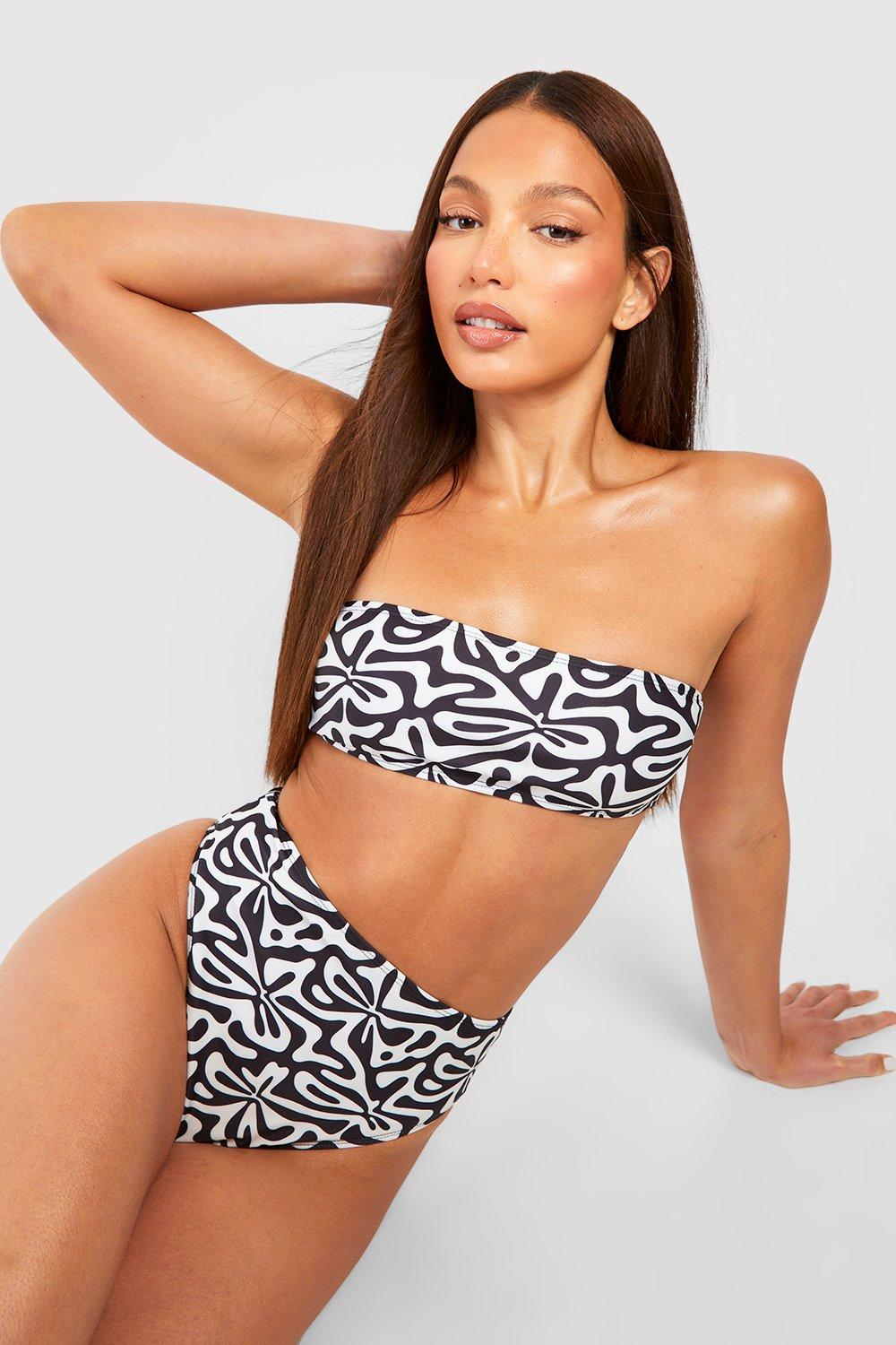 Image of Set bikini Tall a vita alta a fascia con stampa di motivi geometrici, Nero