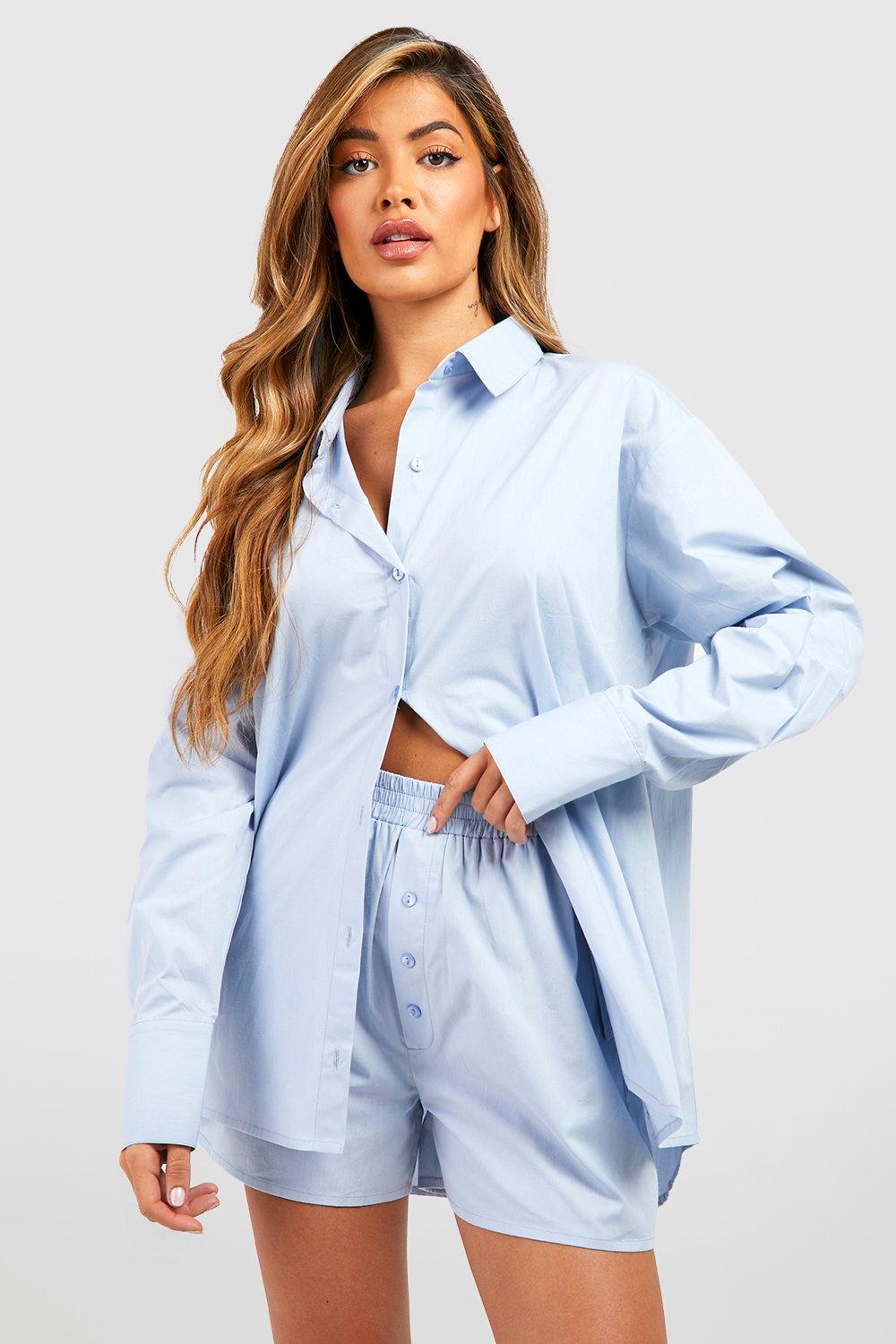 Womens Cotton Oversized Shirt - Blue - 16, Blue