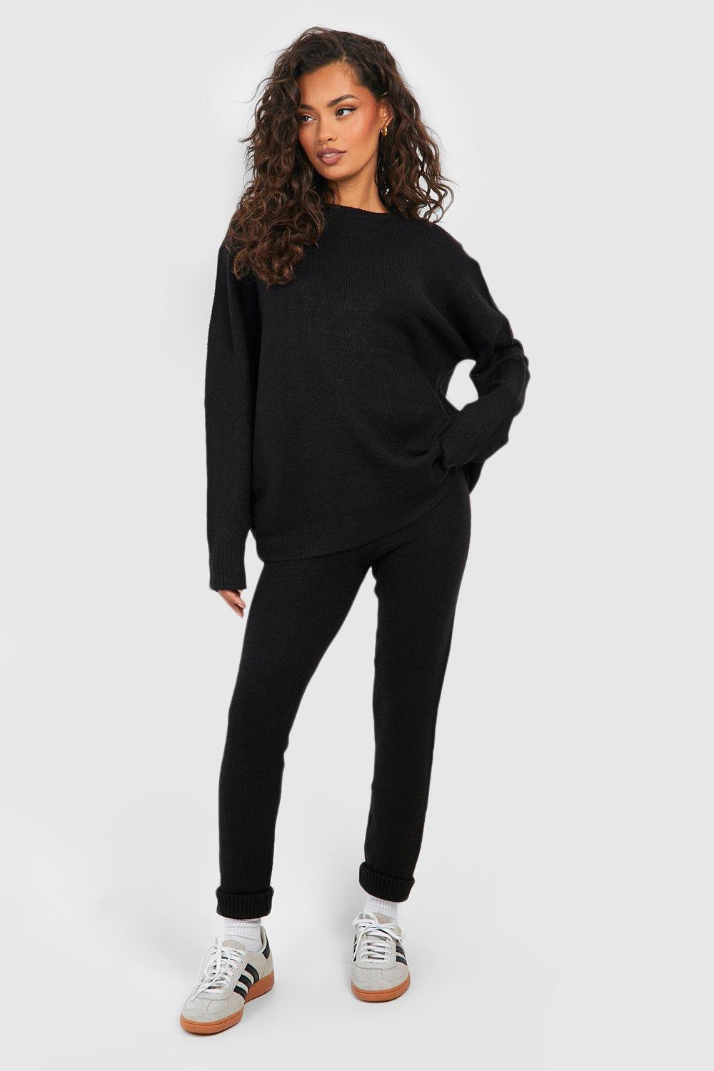 Womens Soft Knit Crew Neck Jumper & Trouser Co-Ord - Black - 12, Black