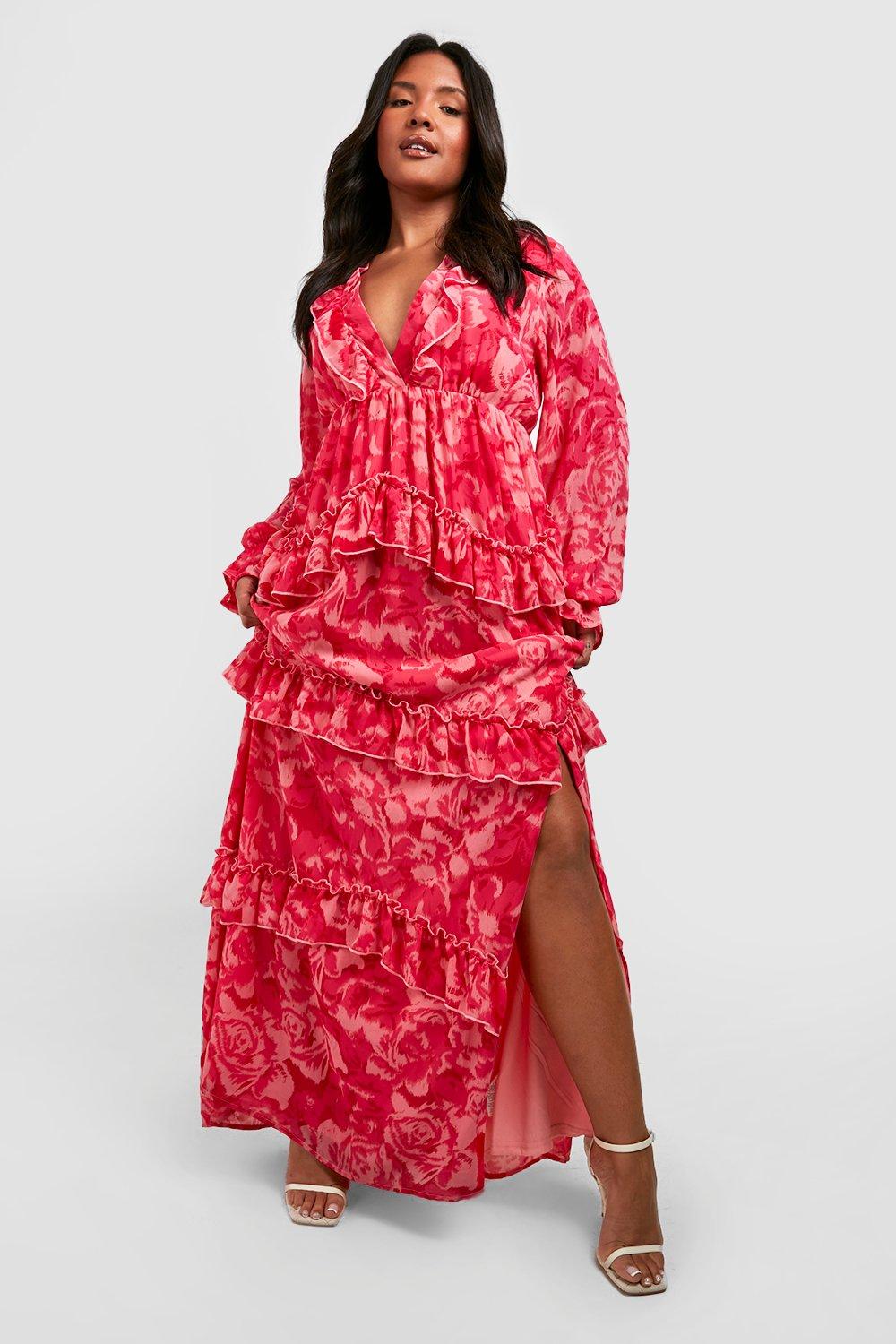 Image of Vestito maxi Plus Size a fiori con scollo profondo e arricciature, Pink