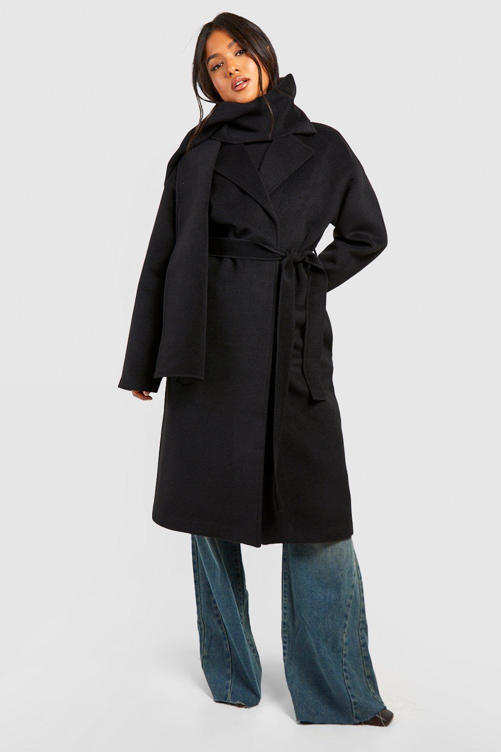 Womens Petite Wool Wrap Coat With Scarf - Black - 16, Black