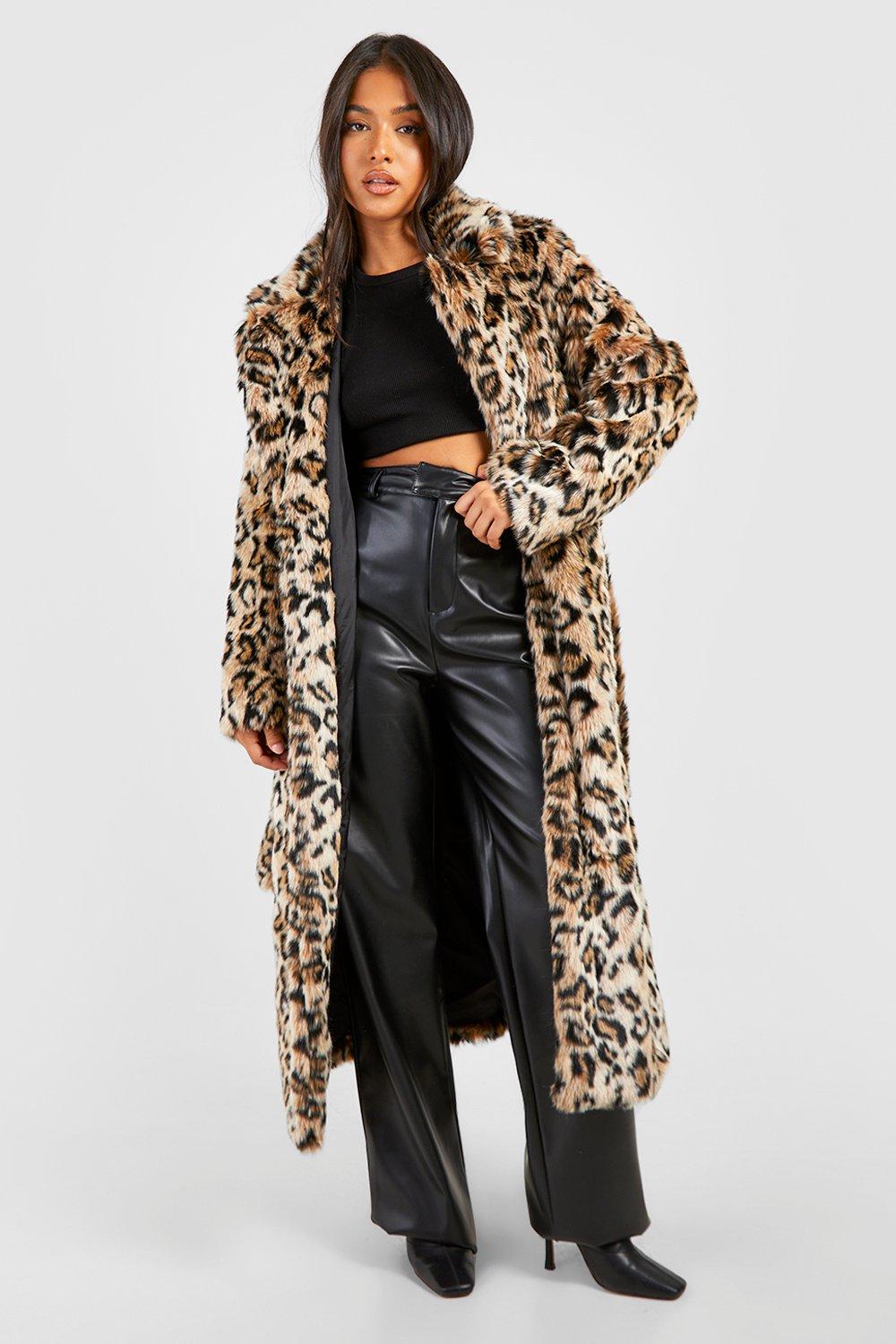 Image of Cappotto maxi Petite in pelliccia sintetica leopardata con cintura, Multi