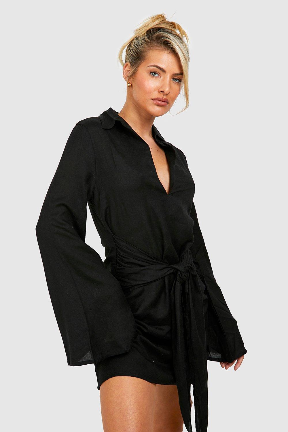 Boohoo Linnen Mini Blouse Strand Jurk Met Strik, Black