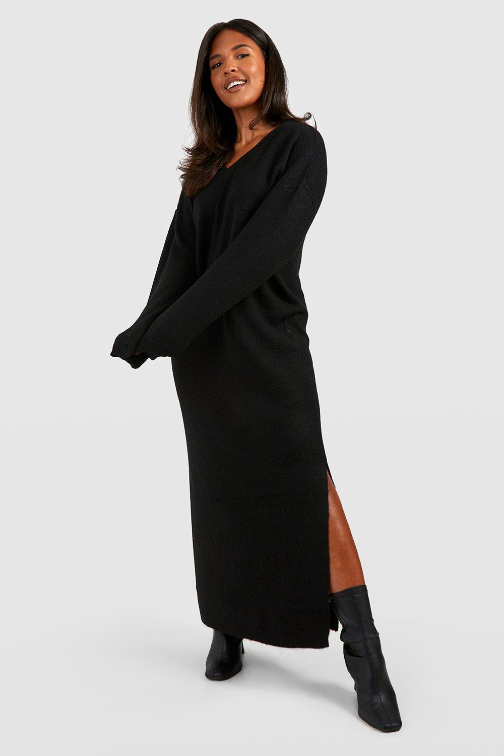 Image of Vestito longuette Plus Size a coste morbide con polo, Nero
