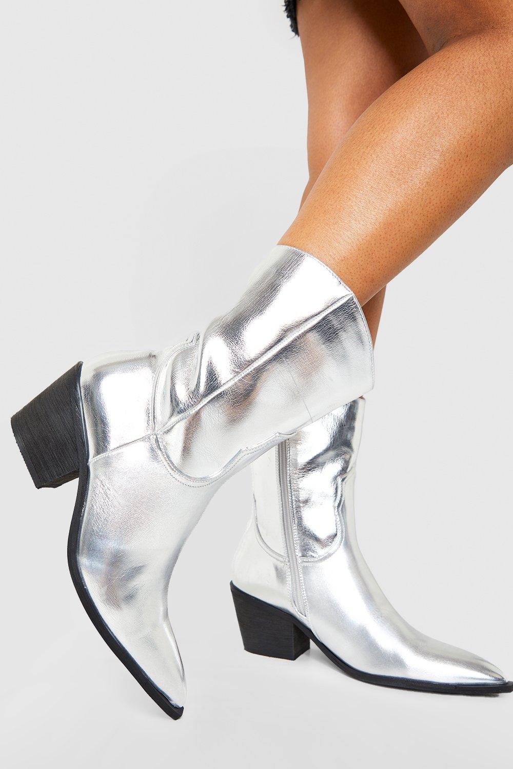 Boohoo Brede Metallic Cowboy Enkellaarzen, Silver