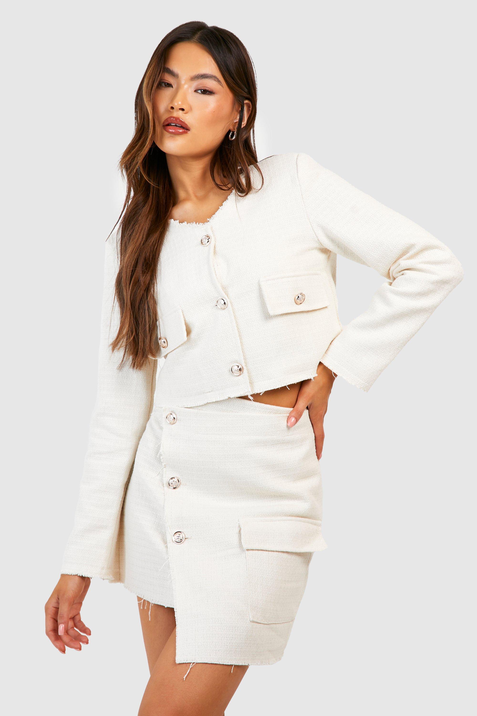 Womens Tweed Button Front Frayed Edge Asymmetric Mini Skirt - White - 12, White