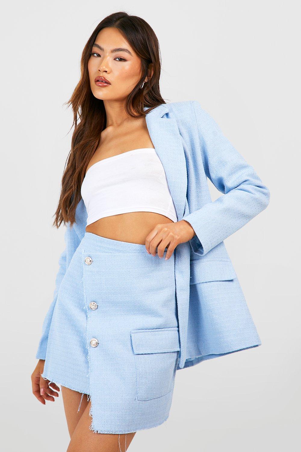 Womens Tweed Button Front Frayed Edge Asymmetric Mini Skirt - Blue - 14, Blue