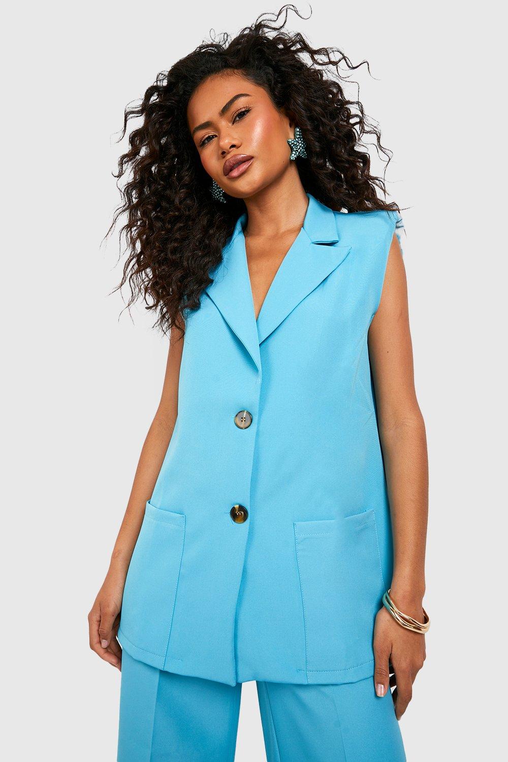 Boohoo Getailleerde Mouwloze Long Line Blazer Met Zak Detail, Aqua