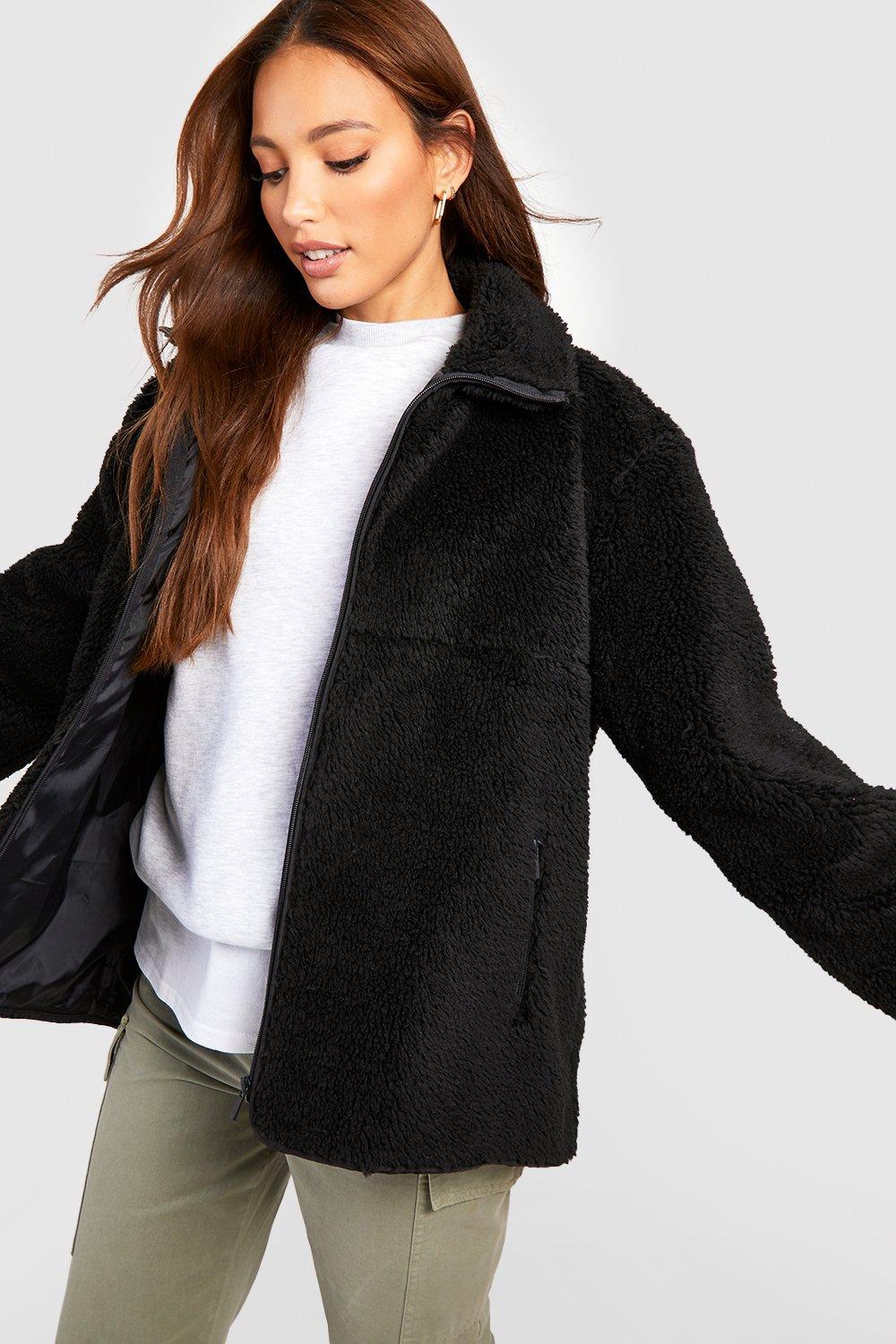 Womens Tall Zip Detail Oversized Faux Fur Teddy Jacket - Black - 16, Black