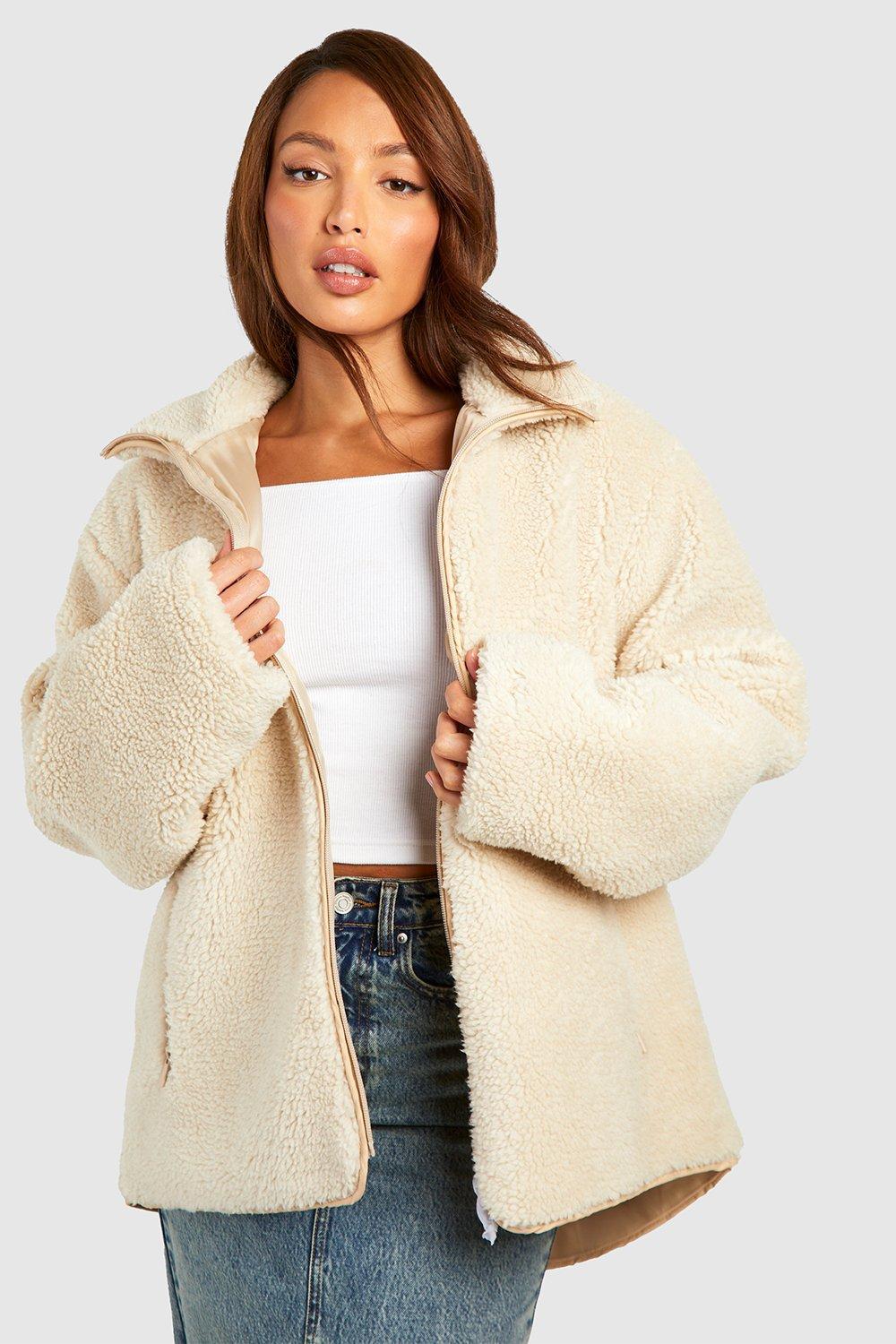 Womens Tall Zip Detail Oversized Faux Fur Teddy Jacket - Beige - 16, Beige