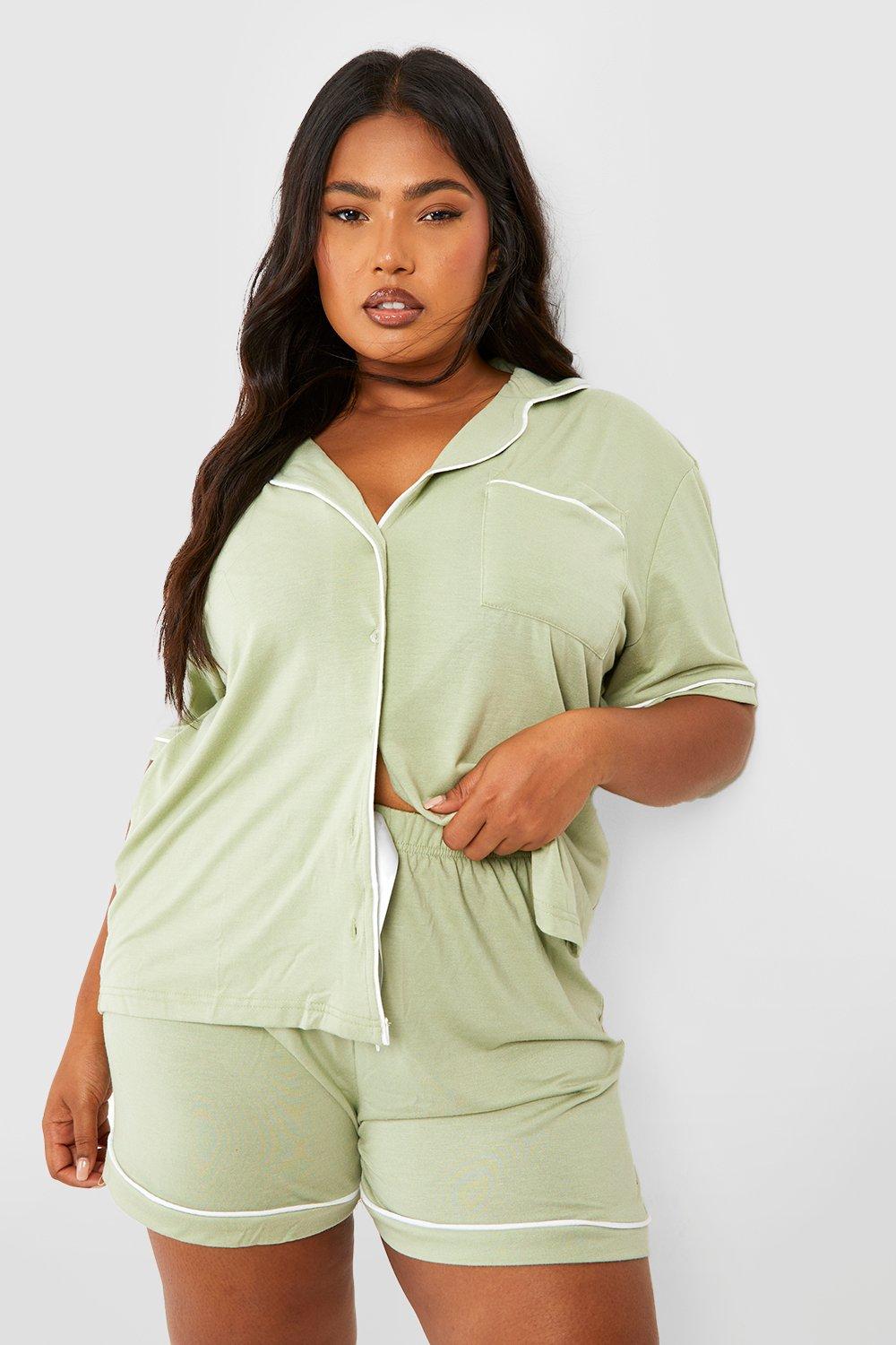 Womens Plus Button Through Jersey Pyjama Short Set - Green - 18, Green