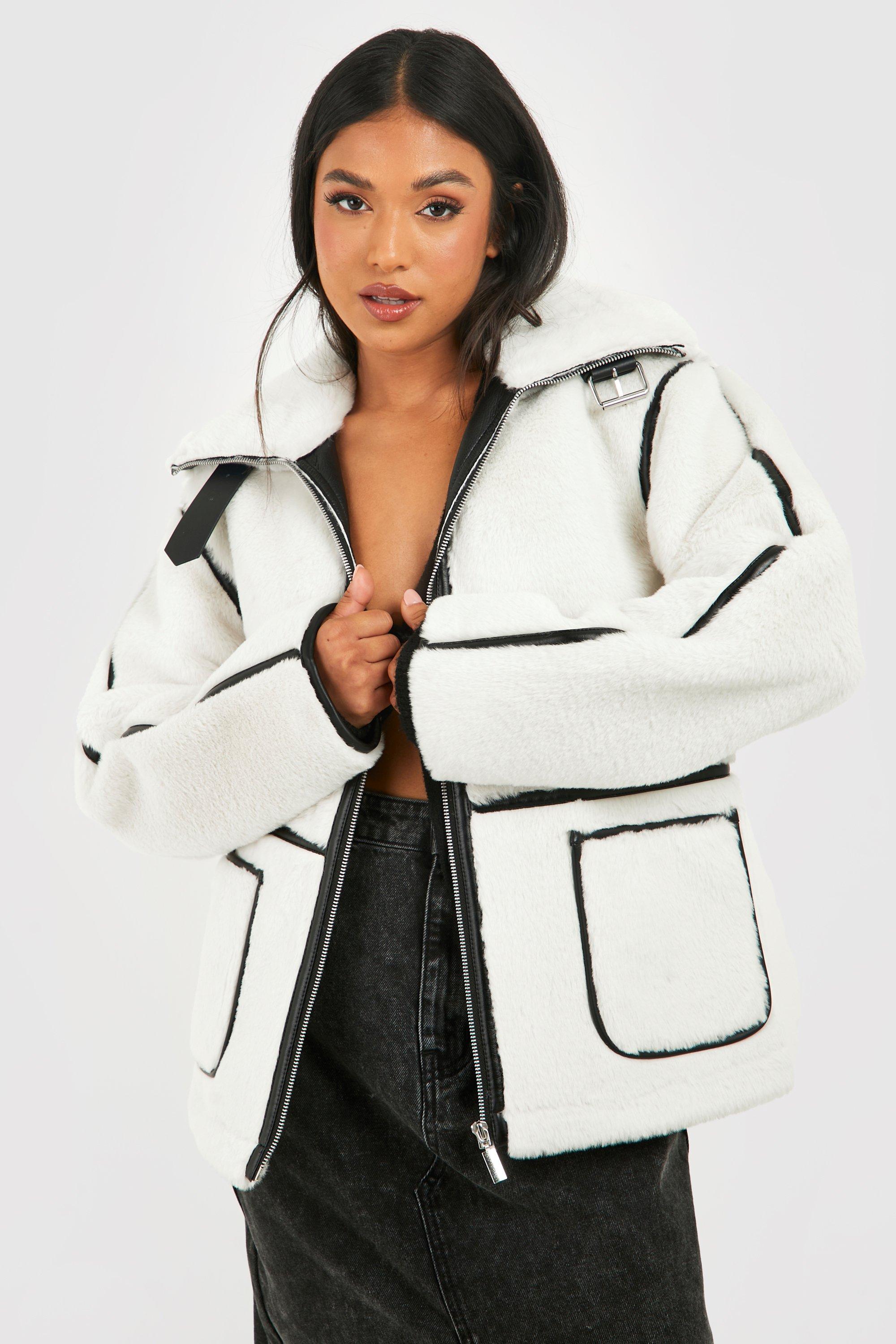 womens petite faux fur seam detail aviator jacket - white - 10, white