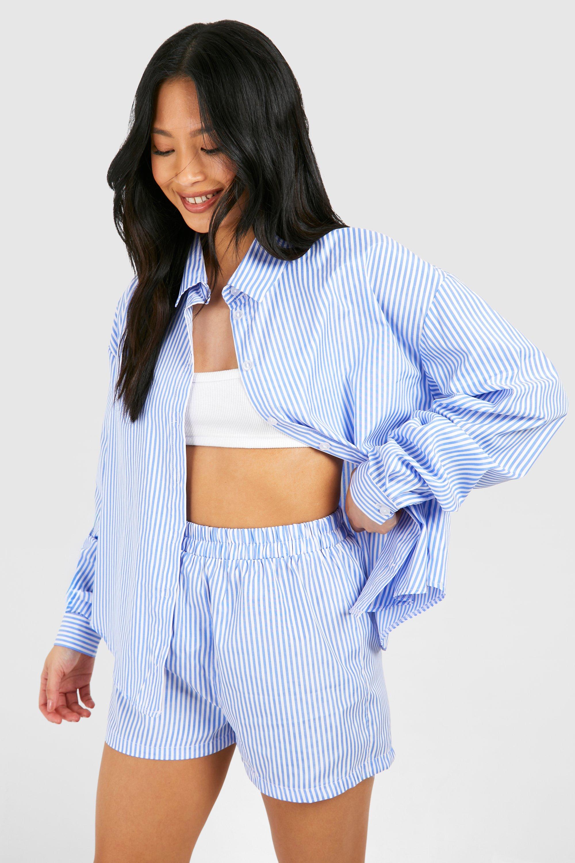 Image of Camicia Petite oversize in popeline a righe & pantaloncini, Azzurro