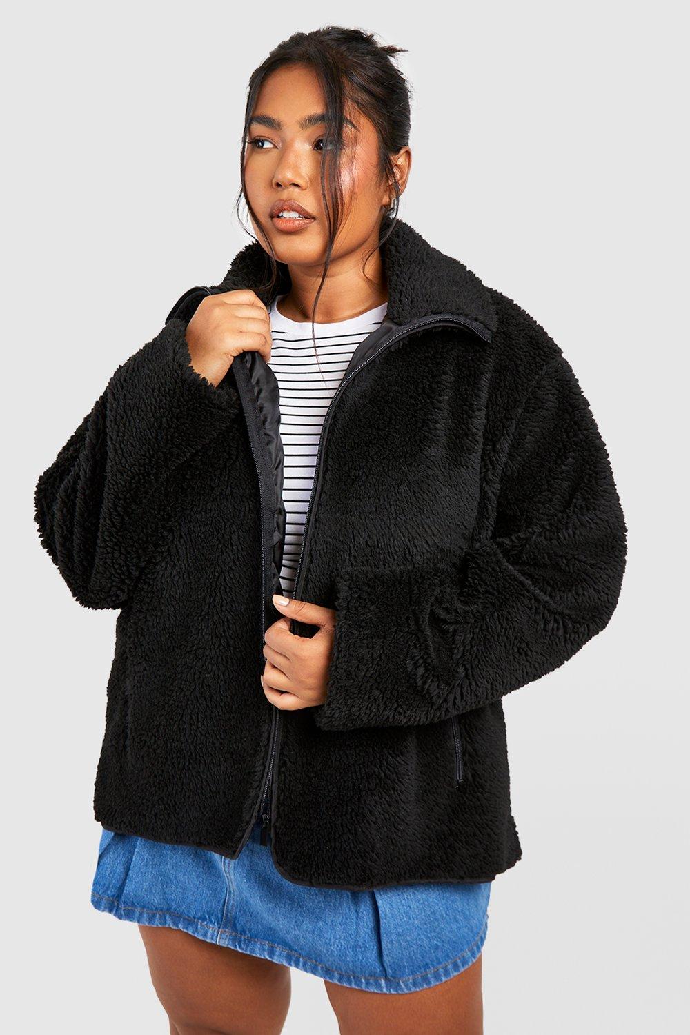 Boohoo Plus Faux Fur Teddy Jas Met Rits Detail, Black