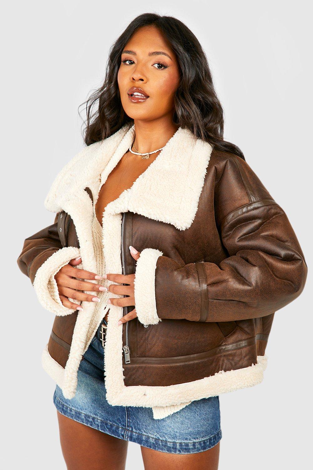 Image of Giacca da aviatore Plus Size rifinita in pelliccia sintetica morbida, Brown