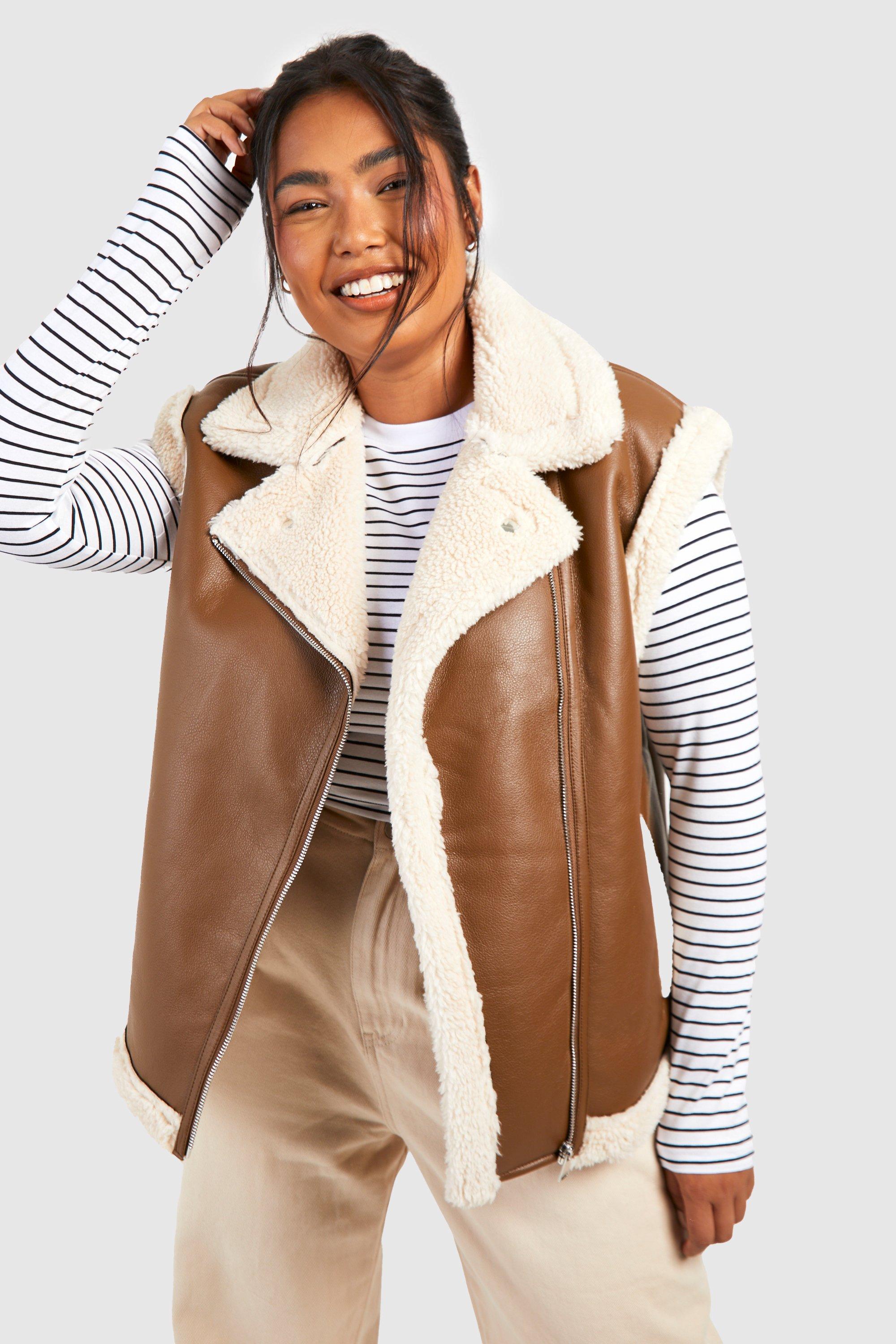 Boohoo Plus Nepleren Bodywarmer Met Teddy Zoom, Chocolate