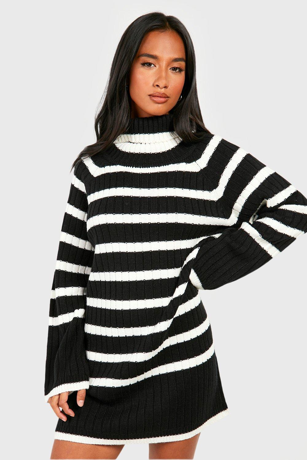 Image of Vestito in maglia Petite a righe con maniche ampie e collo alto, Nero