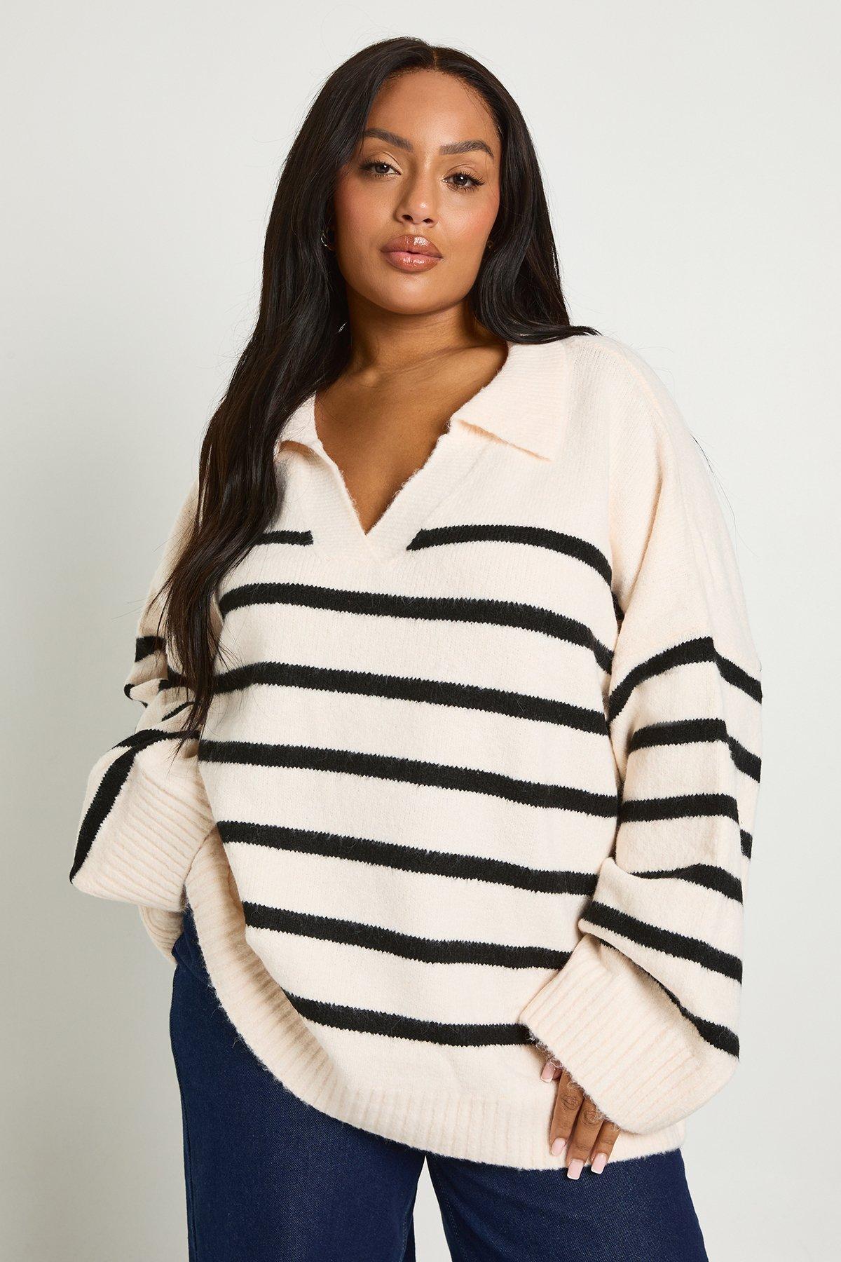 Image of Maglione Plus Size a righe morbide con colletto annodato, Cream