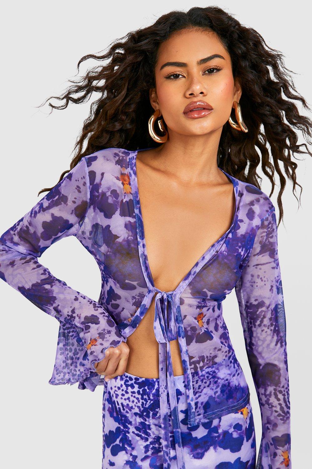 Image of Blusa in rete a fiori con volant e laccetti frontali, Purple