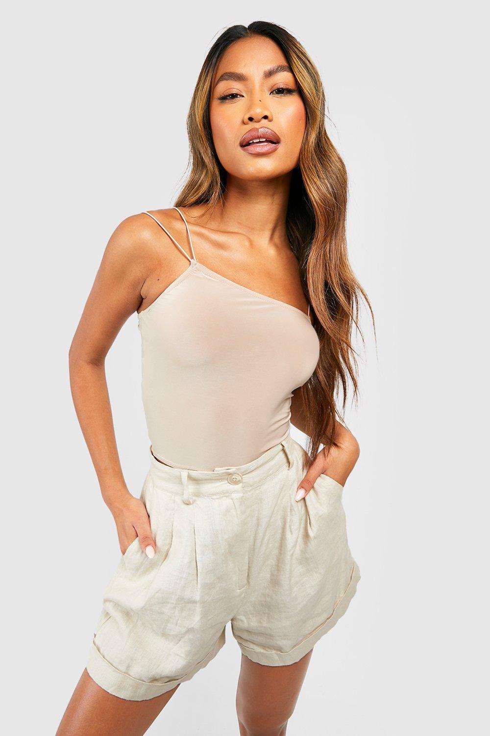 Boohoo Strakke Asymmetrische Crop Top Met Spaghetti Bandjes, Stone