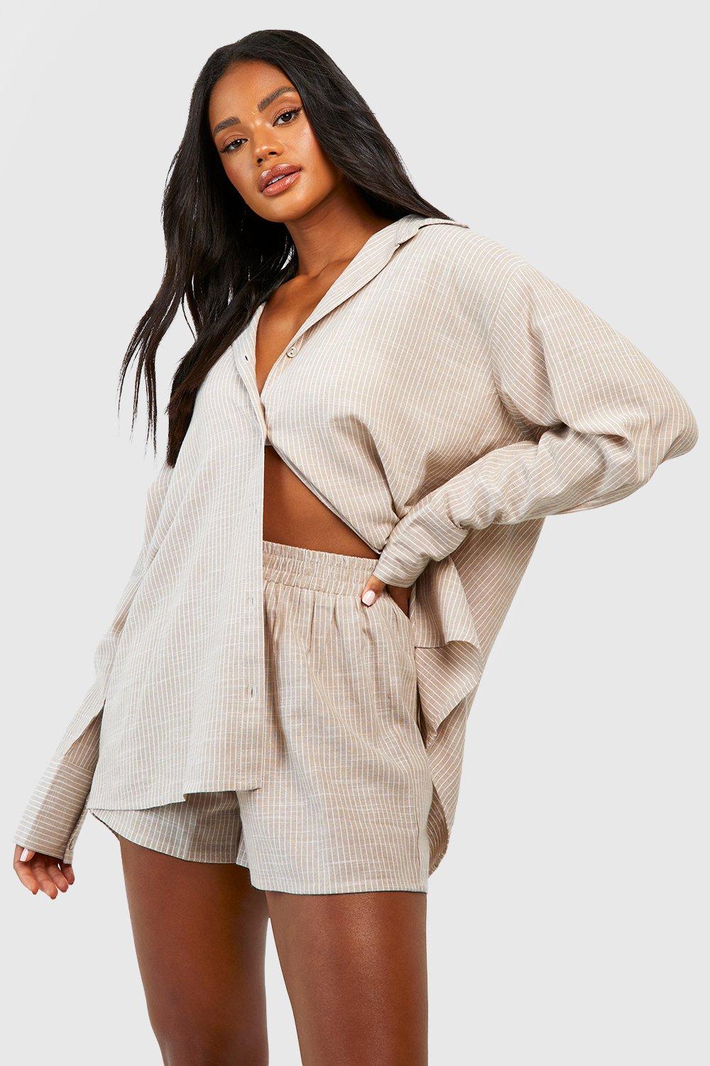 Image of Pantaloncini del pigiama in cotone a righe verticali tono su tono, Beige